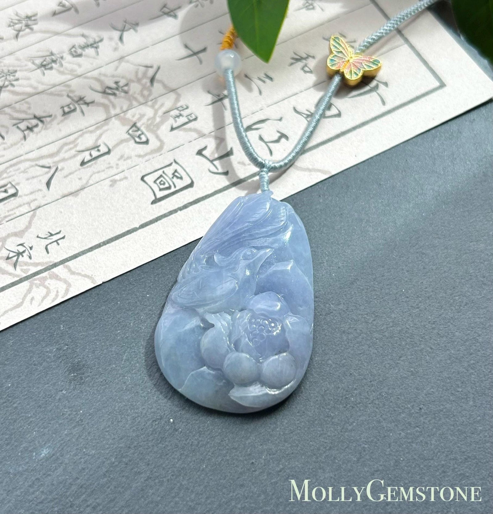 Certified Natural Jadeite Phoenix Pendant Handwoven Necklace Burmese Type A Translucent Icy Vivid Lavender Jade 46 x 30 x 8.6mm