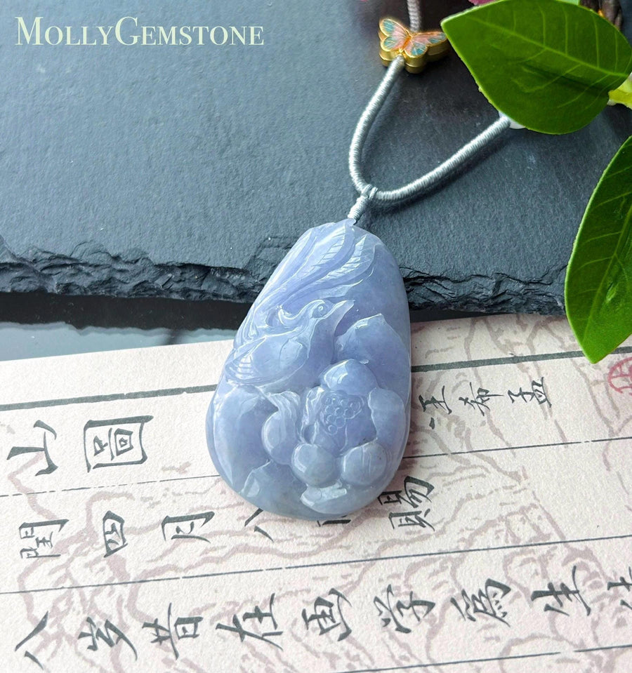 Certified Natural Jadeite Phoenix Pendant Handwoven Necklace Burmese Type A Translucent Icy Vivid Lavender Jade 46 x 30 x 8.6mm
