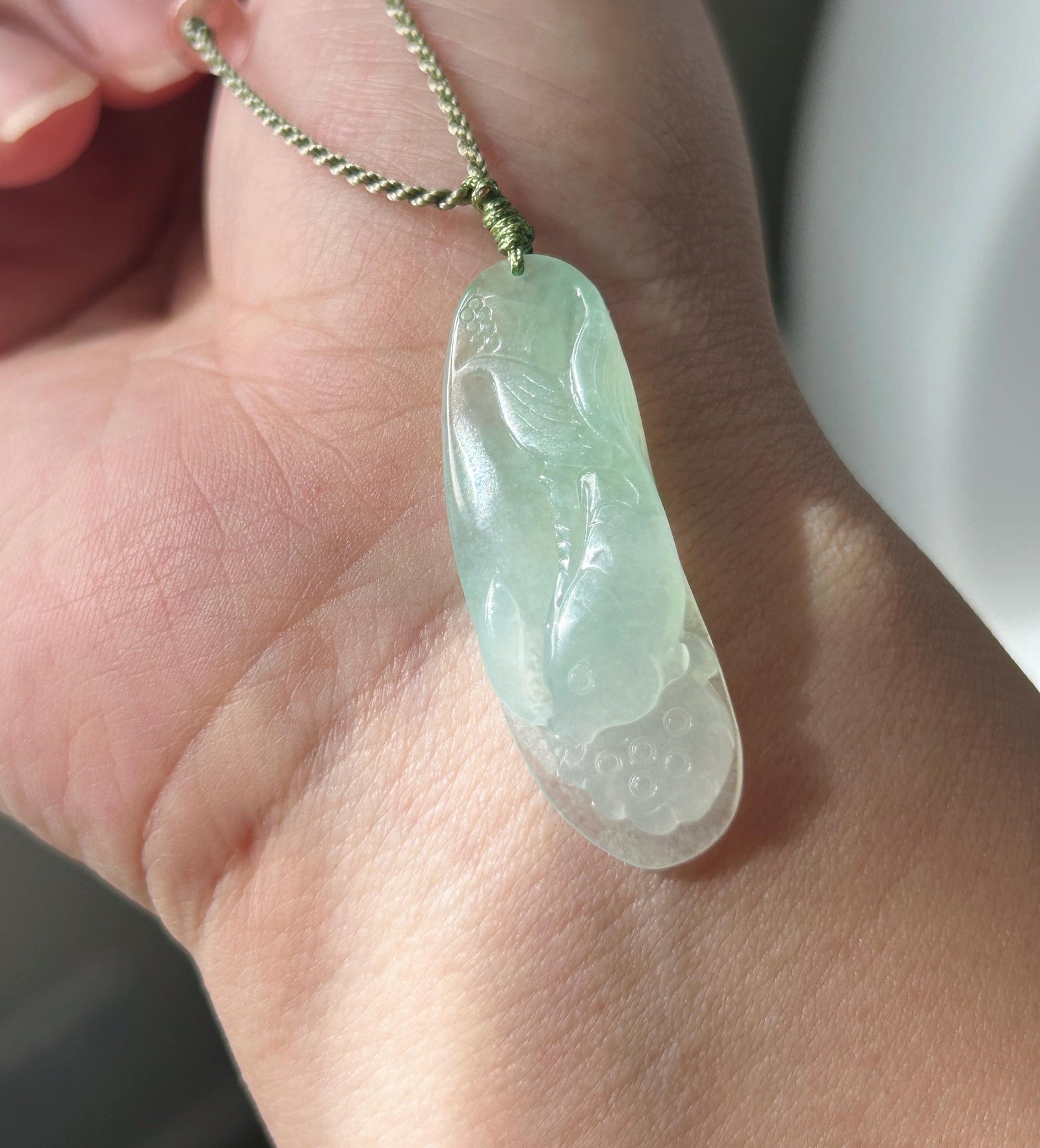 Natural Jadeite Fish & Lotus Pendant Handwoven Necklace | Authentic Burmese Type A Icy Translucent Light Sweet Apple Green Jade