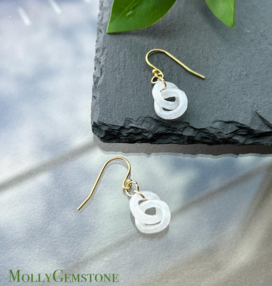 Natural Jadeite Interlocking Ring Earrings: Burmese Type A Untreated Icy Translucent White Jade, 18k Gold Vermeil Hooks| Minimalist Jewelry