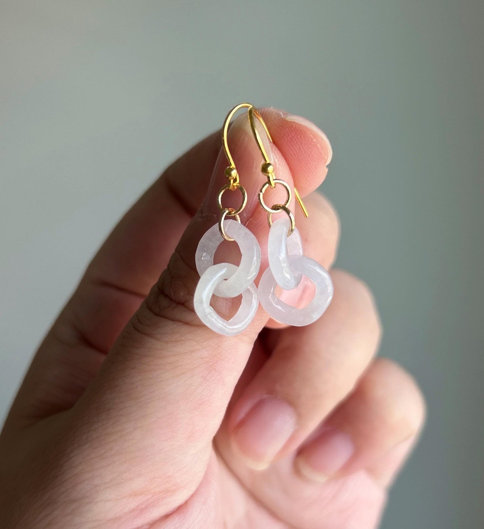 Natural Jadeite Interlocking Ring Earrings: Burmese Type A Untreated Icy Translucent White Jade, 18k Gold Vermeil Hooks| Minimalist Jewelry