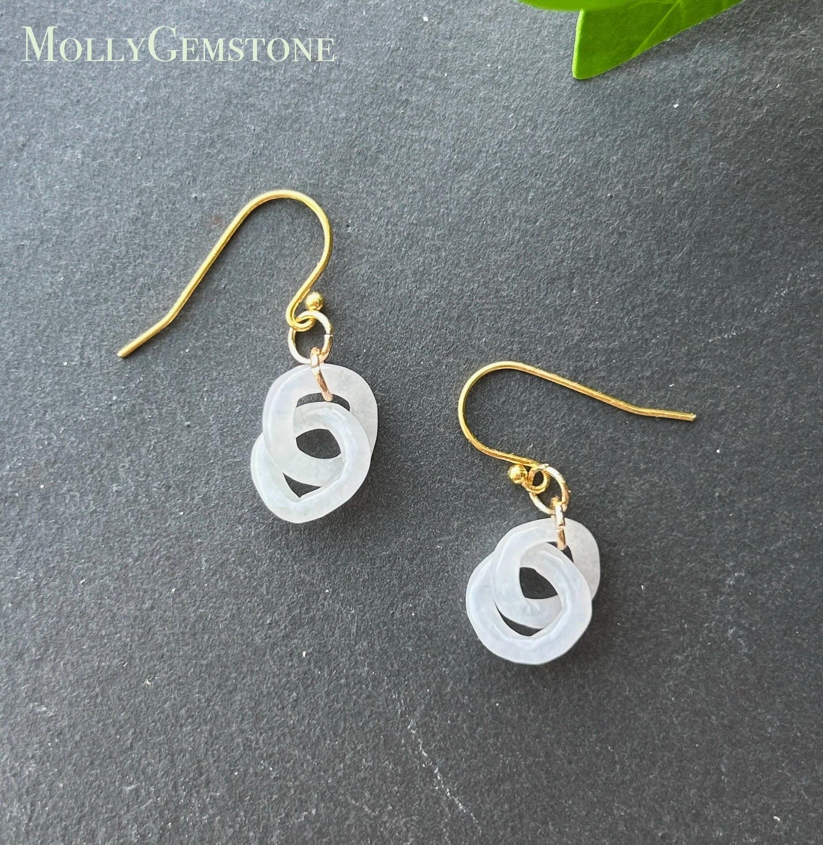 Natural Jadeite Interlocking Ring Earrings: Burmese Type A Untreated Icy Translucent White Jade, 18k Gold Vermeil Hooks| Minimalist Jewelry