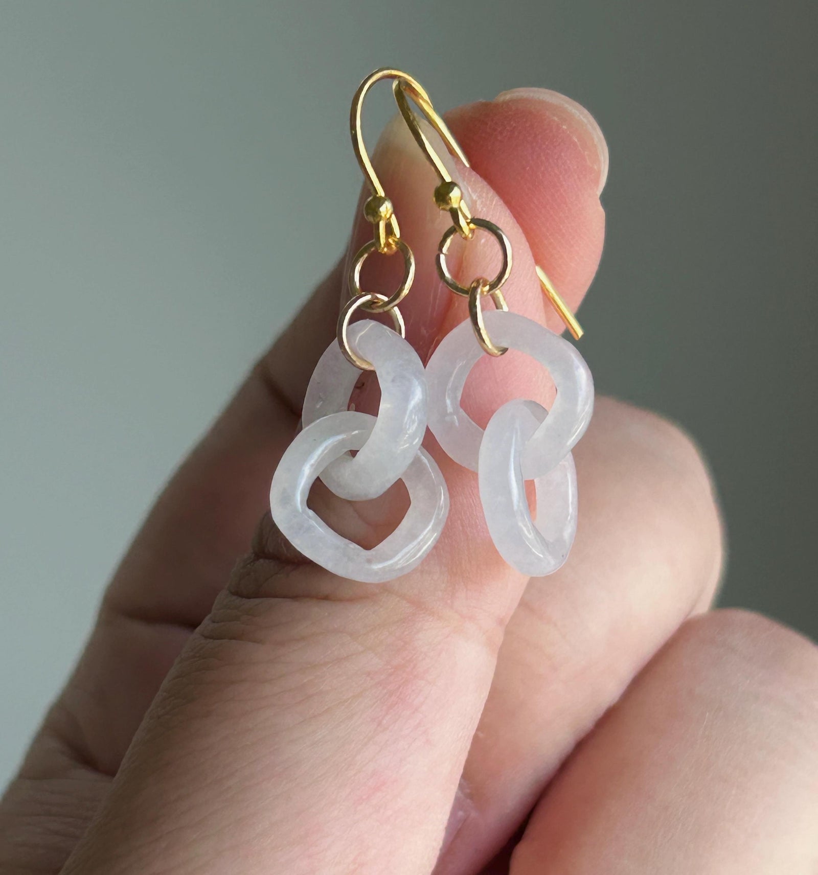 Natural Jadeite Interlocking Ring Earrings: Burmese Type A Untreated Icy Translucent White Jade, 18k Gold Vermeil Hooks| Minimalist Jewelry