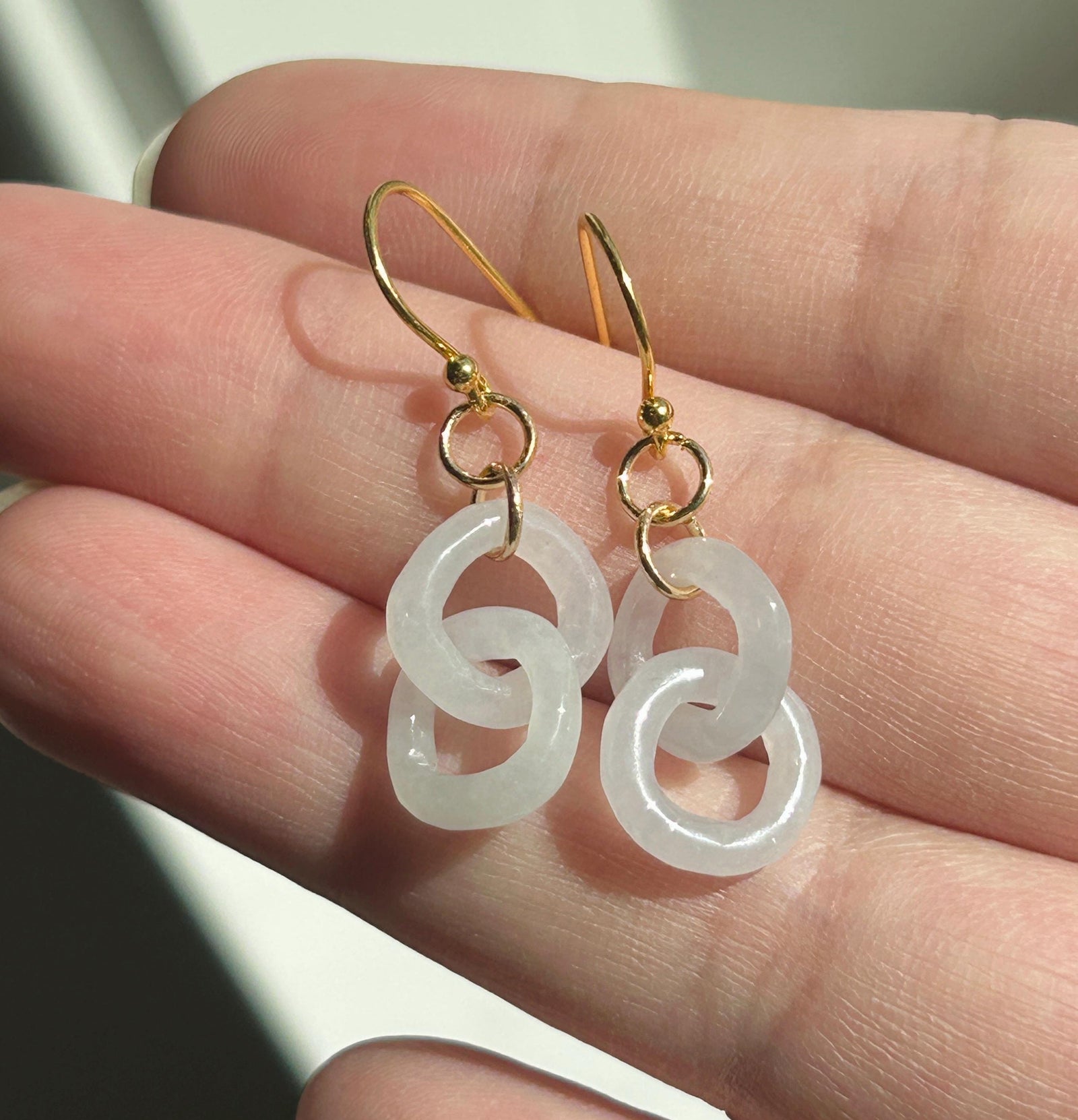 Natural Jadeite Interlocking Ring Earrings: Burmese Type A Untreated Icy Translucent White Jade, 18k Gold Vermeil Hooks| Minimalist Jewelry