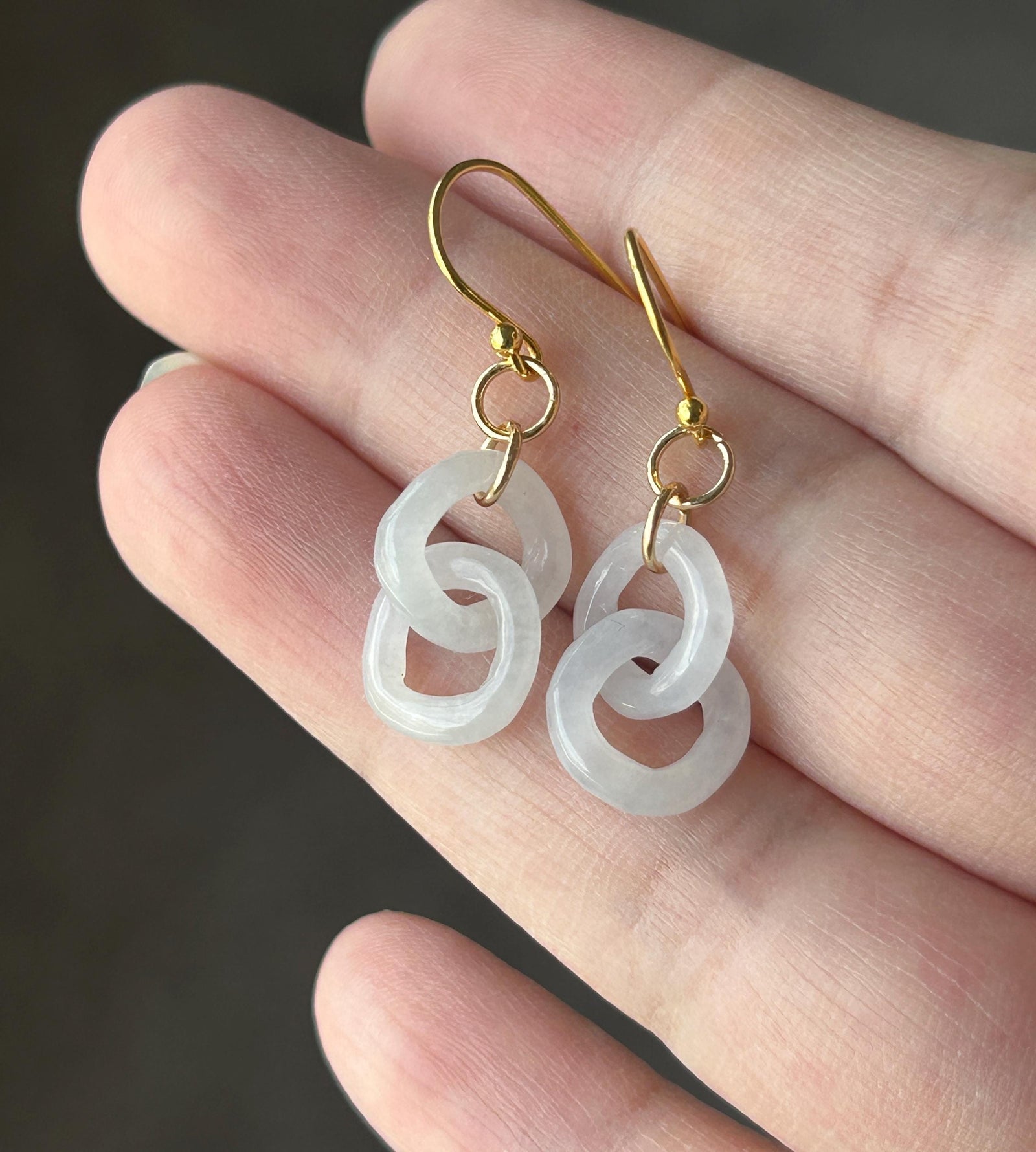 Natural Jadeite Interlocking Ring Earrings: Burmese Type A Untreated Icy Translucent White Jade, 18k Gold Vermeil Hooks| Minimalist Jewelry