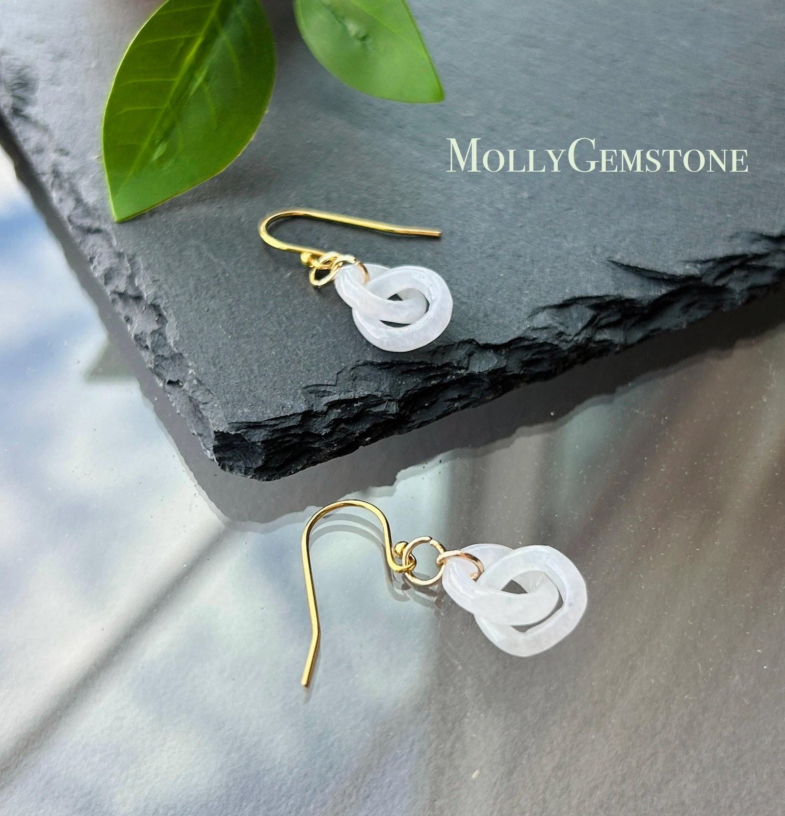 Natural Jadeite Interlocking Ring Earrings: Burmese Type A Untreated Icy Translucent White Jade, 18k Gold Vermeil Hooks| Minimalist Jewelry
