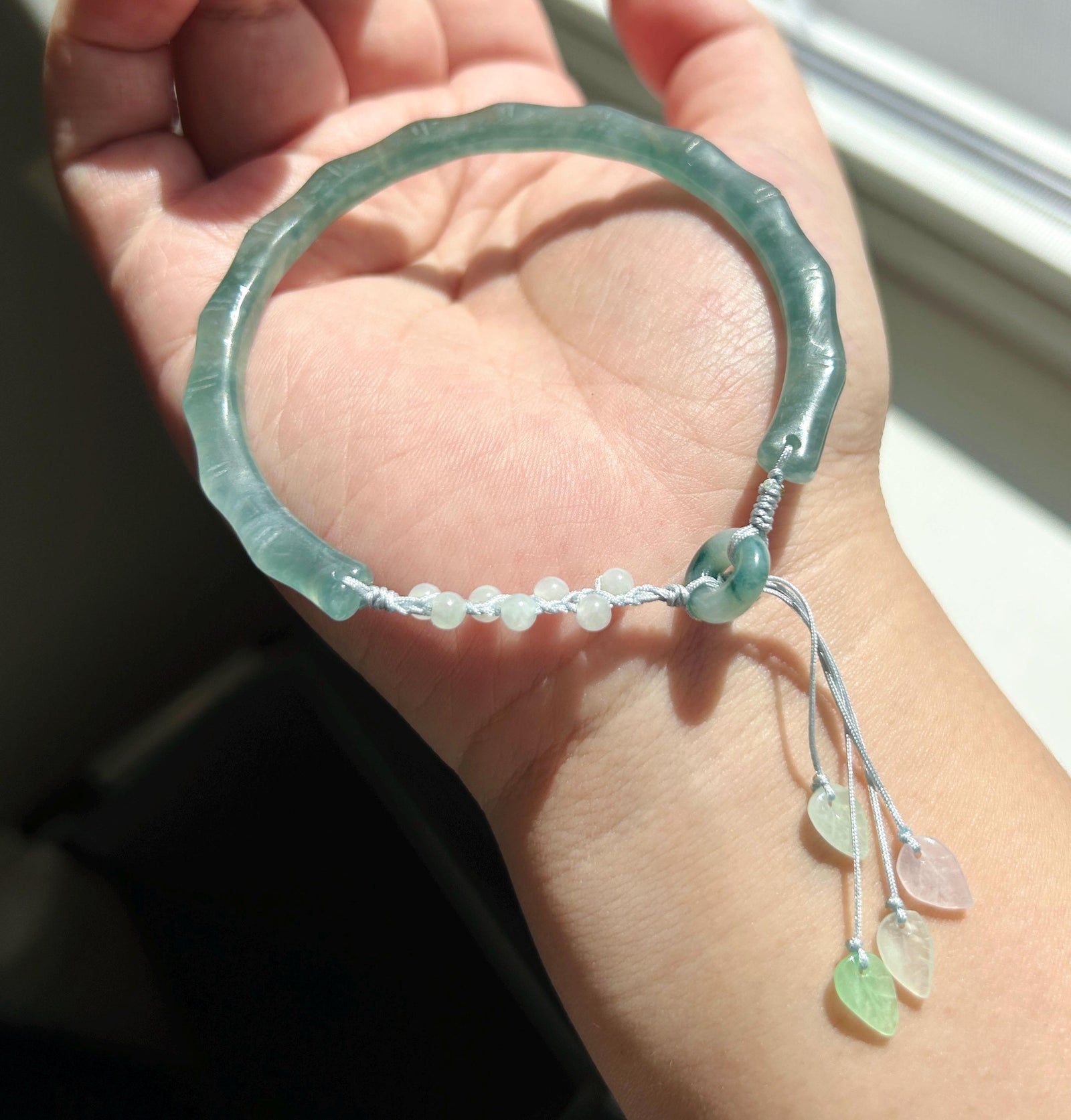 Natural Jadeite Bamboo Half Bangle Bracelet Adjustable 55–61mm Type A Highly Translucent Icy Blue Jade Handwoven Cord Minimalist Zen Style