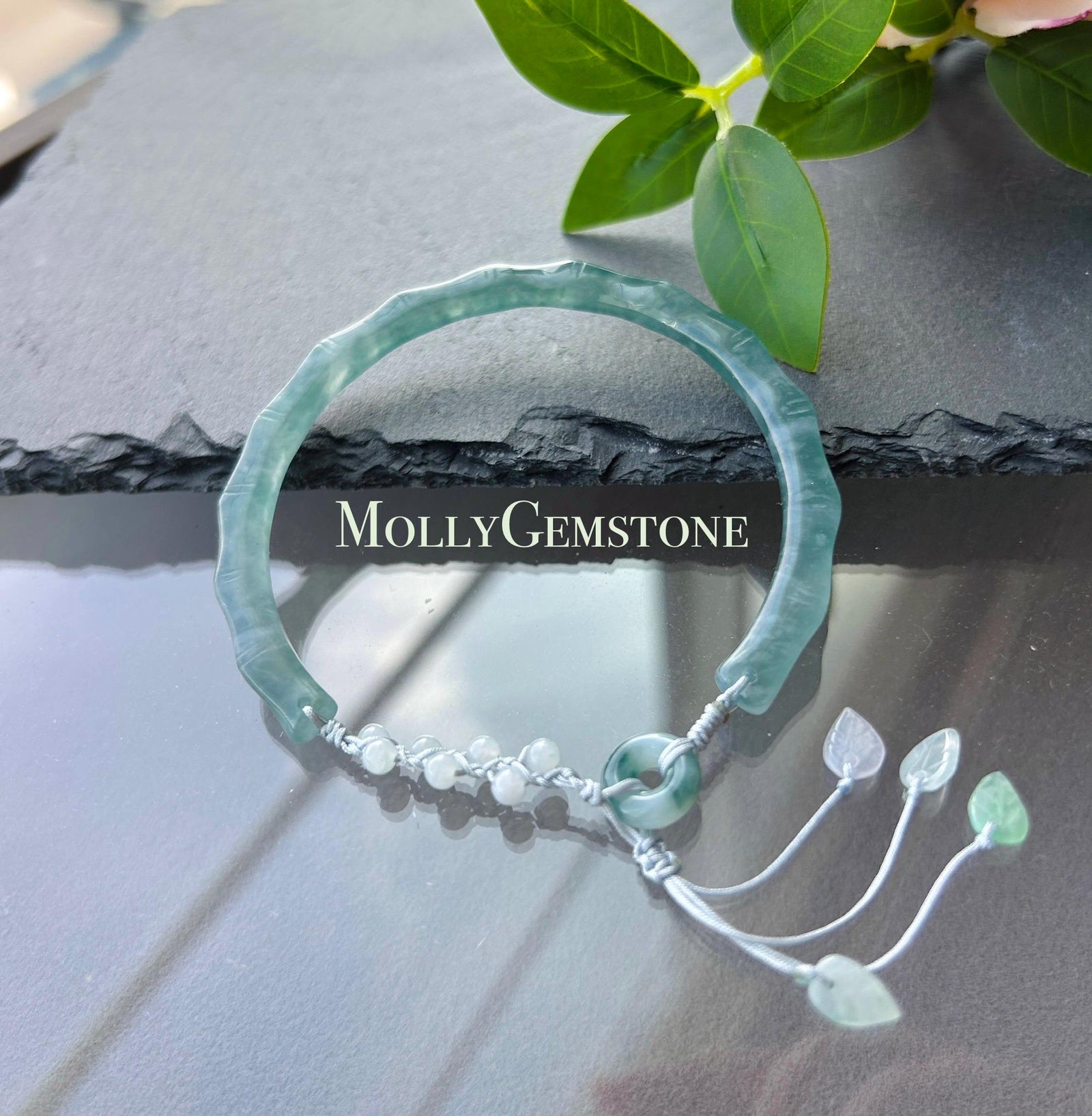 Natural Jadeite Bamboo Half Bangle Bracelet Adjustable 55–61mm Type A Highly Translucent Icy Blue Jade Handwoven Cord Minimalist Zen Style