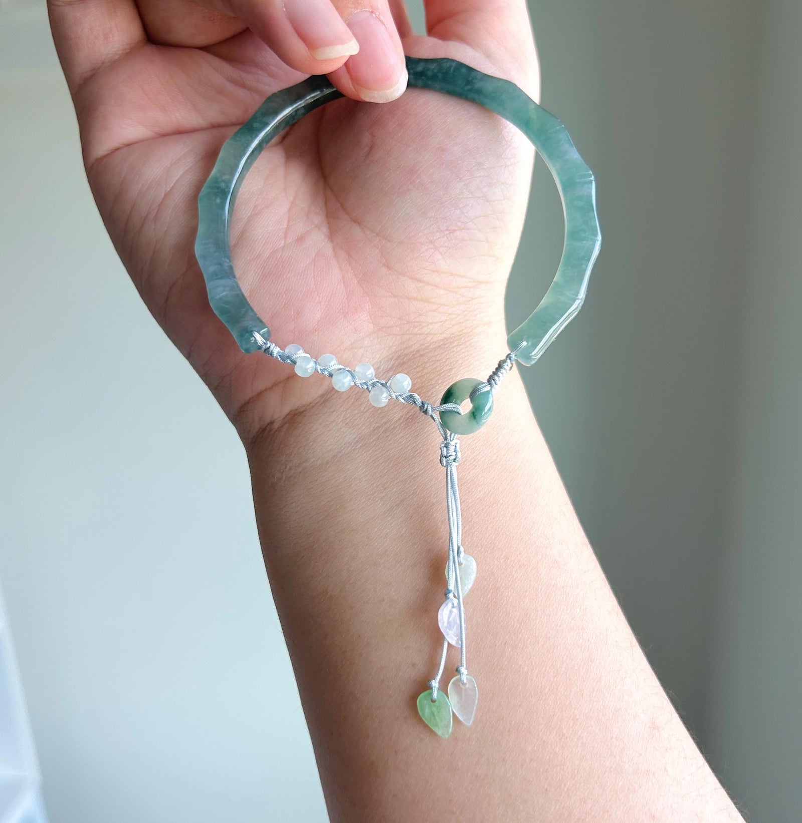 Natural Jadeite Bamboo Half Bangle Bracelet Adjustable 55–61mm Type A Highly Translucent Icy Blue Jade Handwoven Cord Minimalist Zen Style