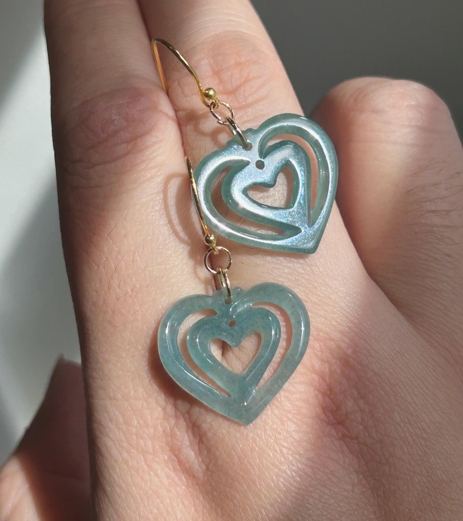 Natural Jadeite Heart Earrings Guatemalan Type A Icy Translucent Bluish Green Jade Gold Vermeil Hooks Mother’s Day Gift