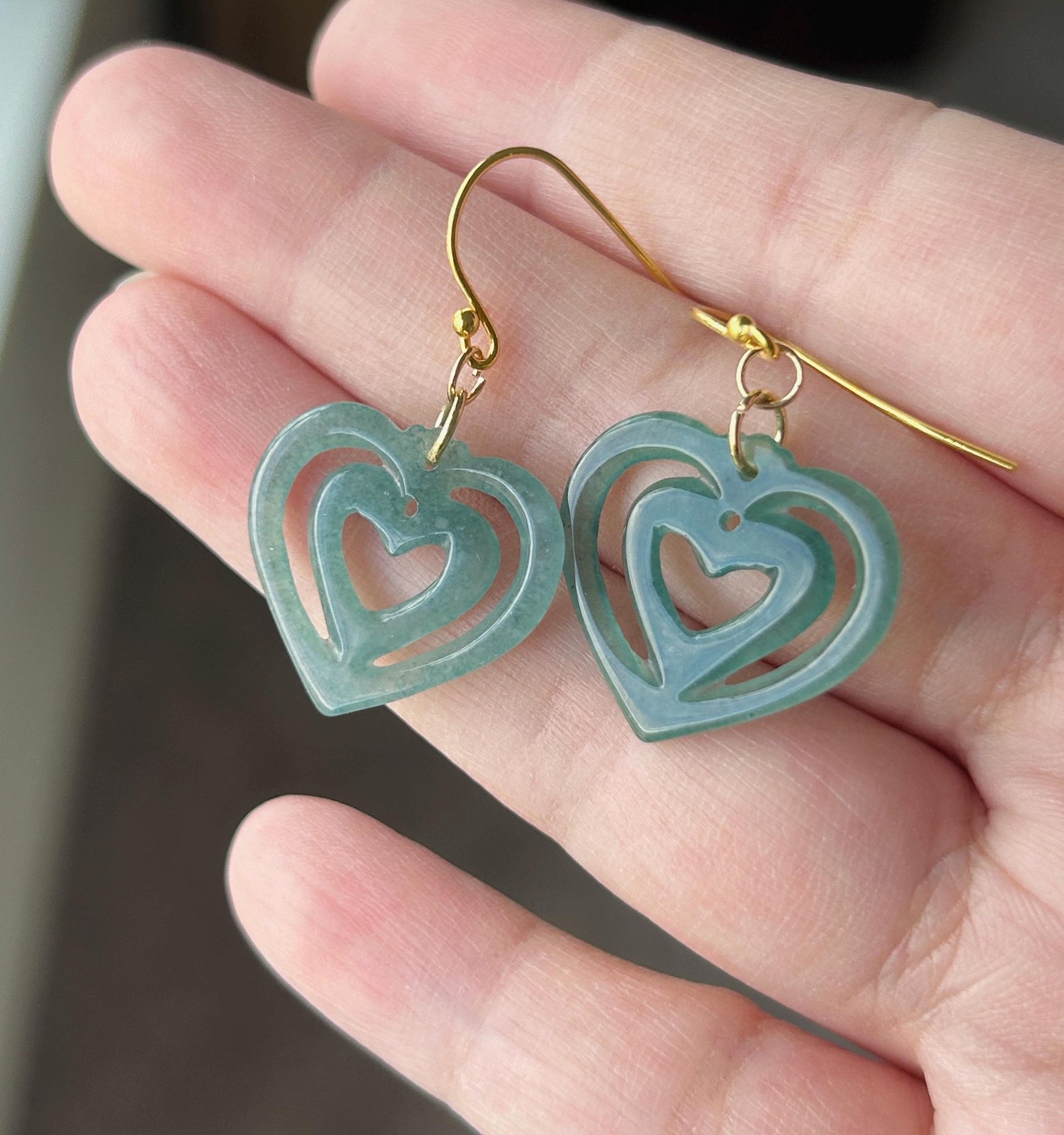 Natural Jadeite Heart Earrings Guatemalan Type A Icy Translucent Bluish Green Jade Gold Vermeil Hooks Mother’s Day Gift