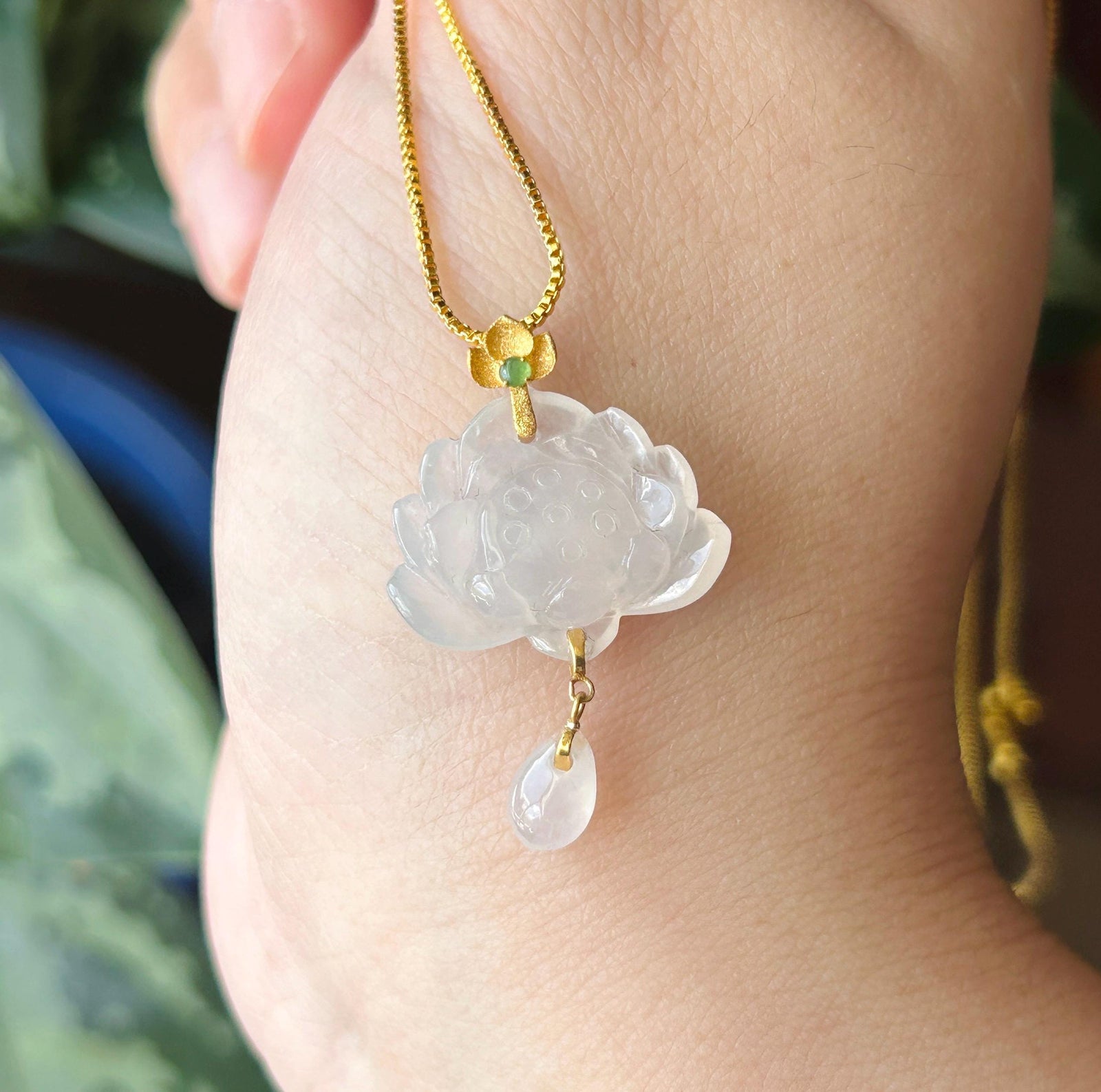 Certified Natural Jadeite Lotus Pendant Minimalist Jewelry Burmese Type A Highly Translucent Icy Moonlight White Jade, 18k Solid Gold Bail