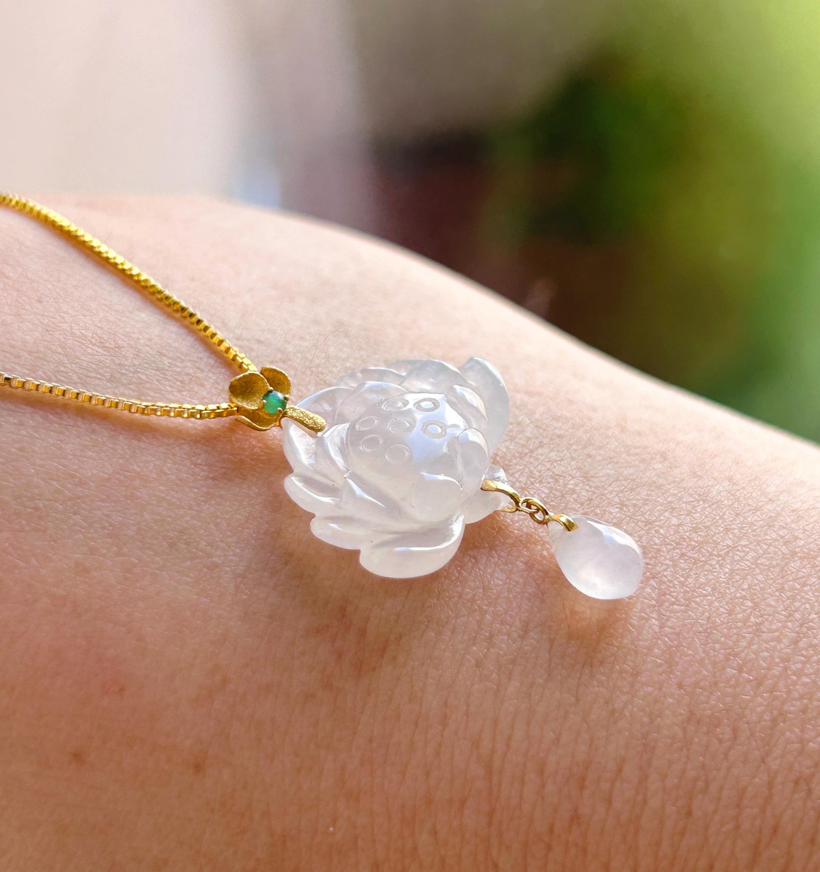 Certified Natural Jadeite Lotus Pendant Minimalist Jewelry Burmese Type A Highly Translucent Icy Moonlight White Jade, 18k Solid Gold Bail