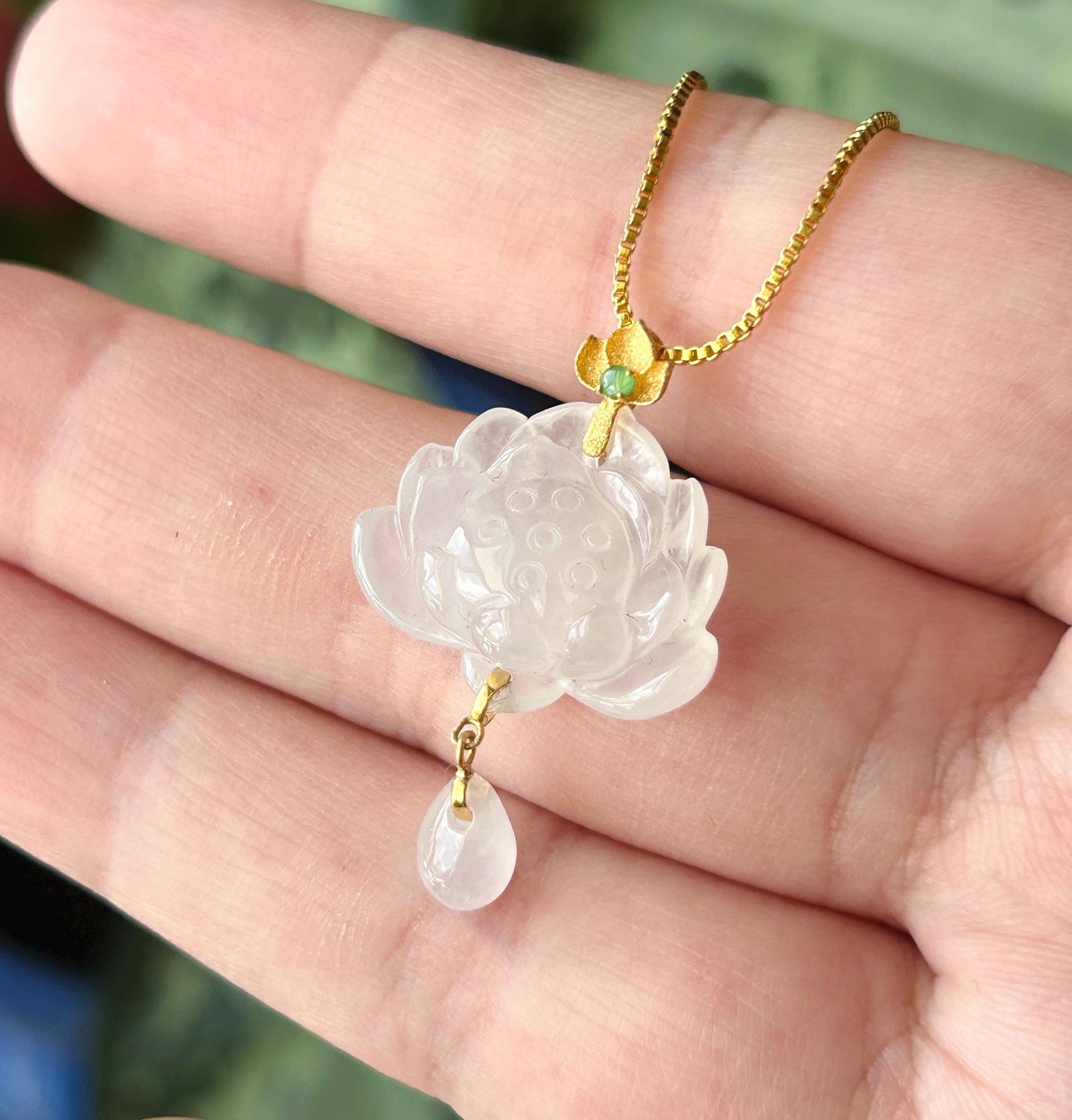 Certified Natural Jadeite Lotus Pendant Minimalist Jewelry Burmese Type A Highly Translucent Icy Moonlight White Jade, 18k Solid Gold Bail