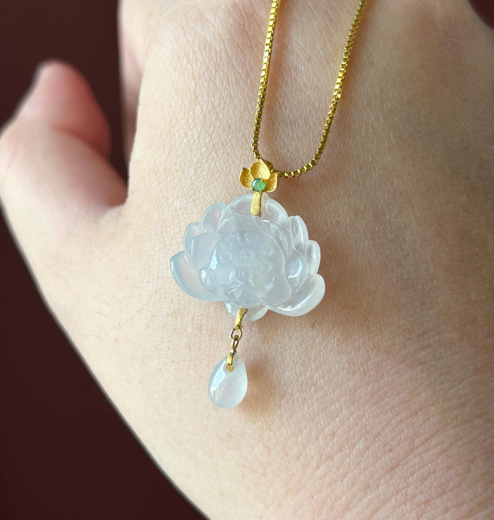 Certified Natural Jadeite Lotus Pendant Minimalist Jewelry Burmese Type A Highly Translucent Icy Moonlight White Jade, 18k Solid Gold Bail