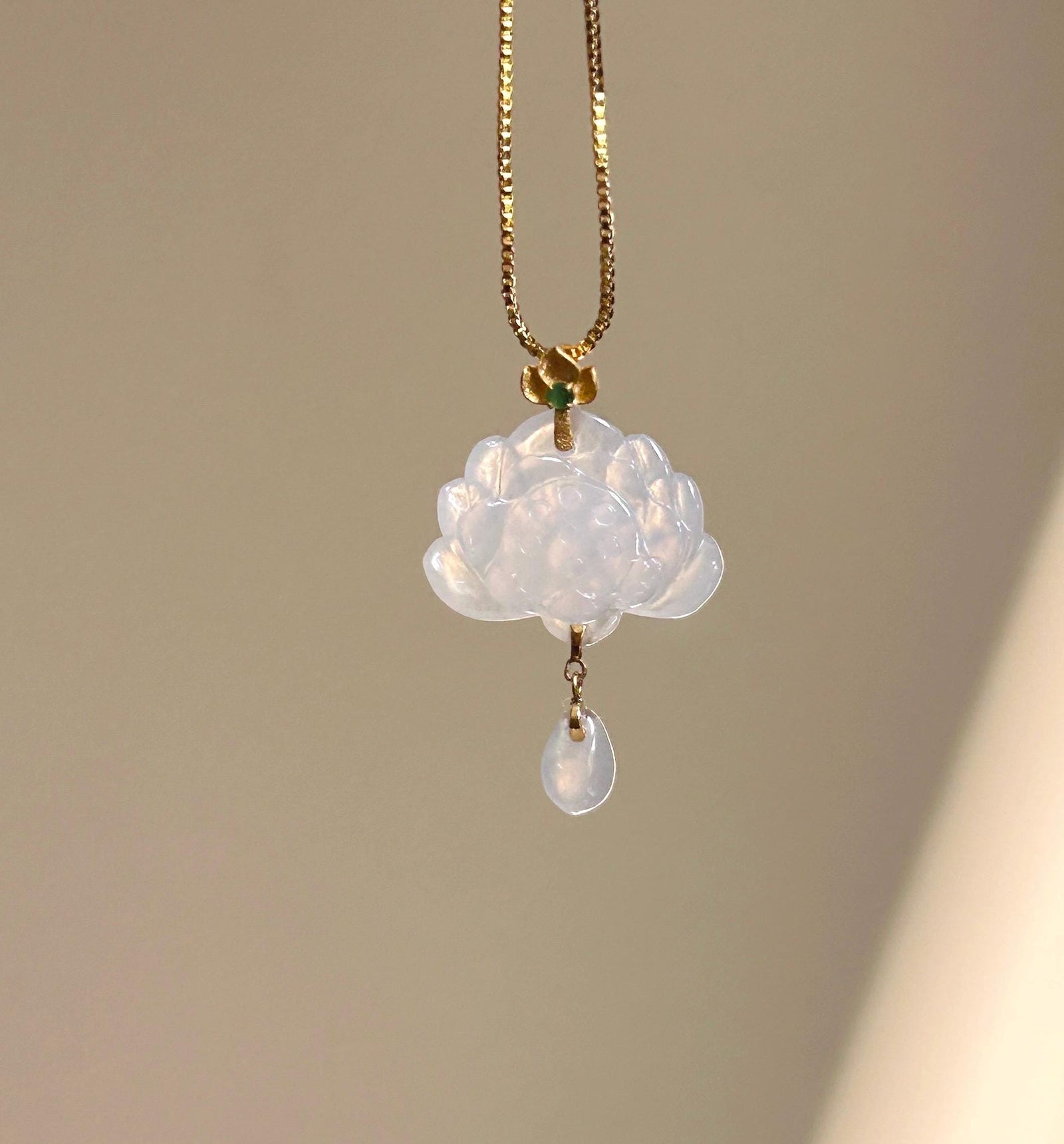 Certified Natural Jadeite Lotus Pendant Minimalist Jewelry Burmese Type A Highly Translucent Icy Moonlight White Jade, 18k Solid Gold Bail