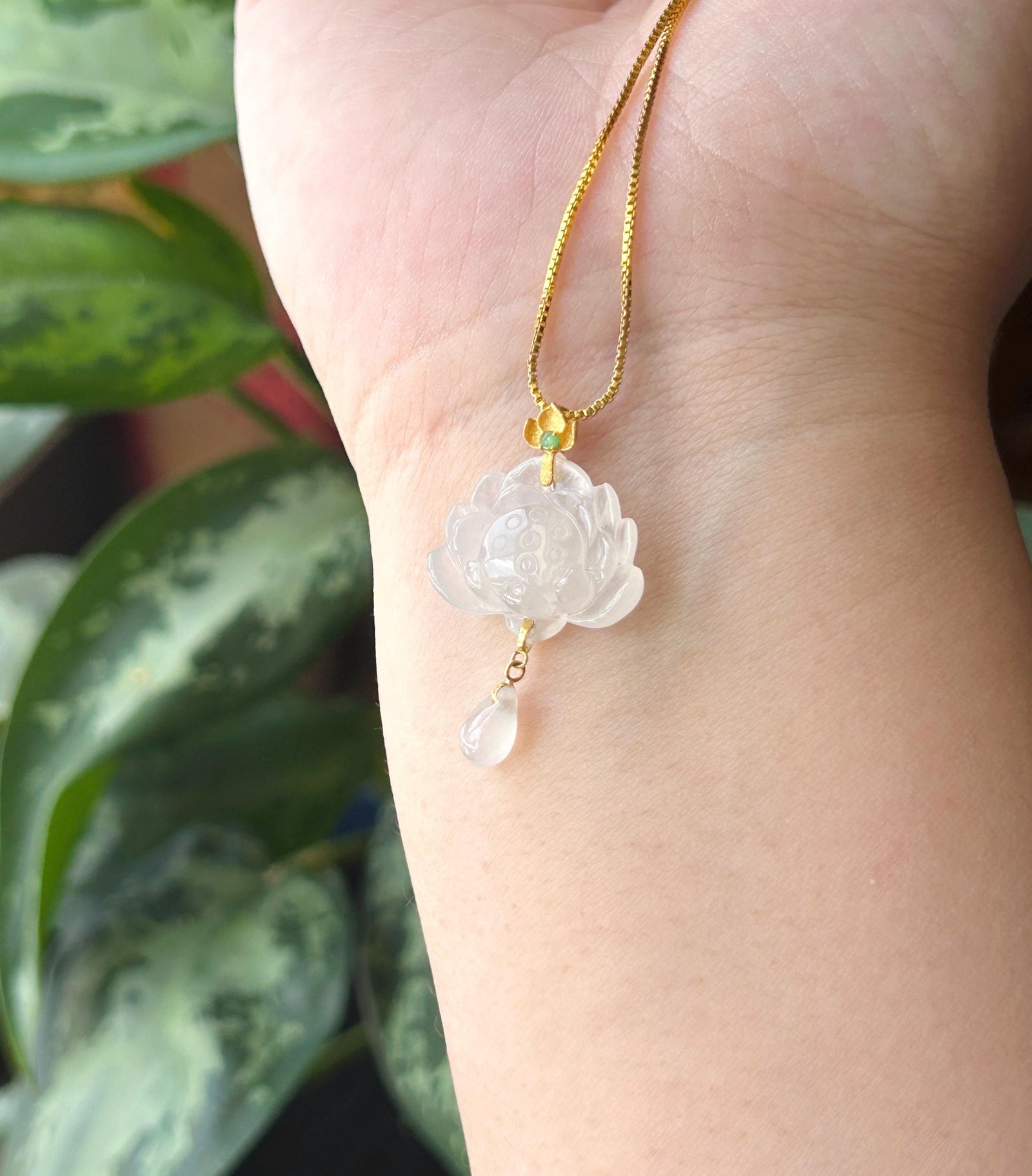 Certified Natural Jadeite Lotus Pendant Minimalist Jewelry Burmese Type A Highly Translucent Icy Moonlight White Jade, 18k Solid Gold Bail