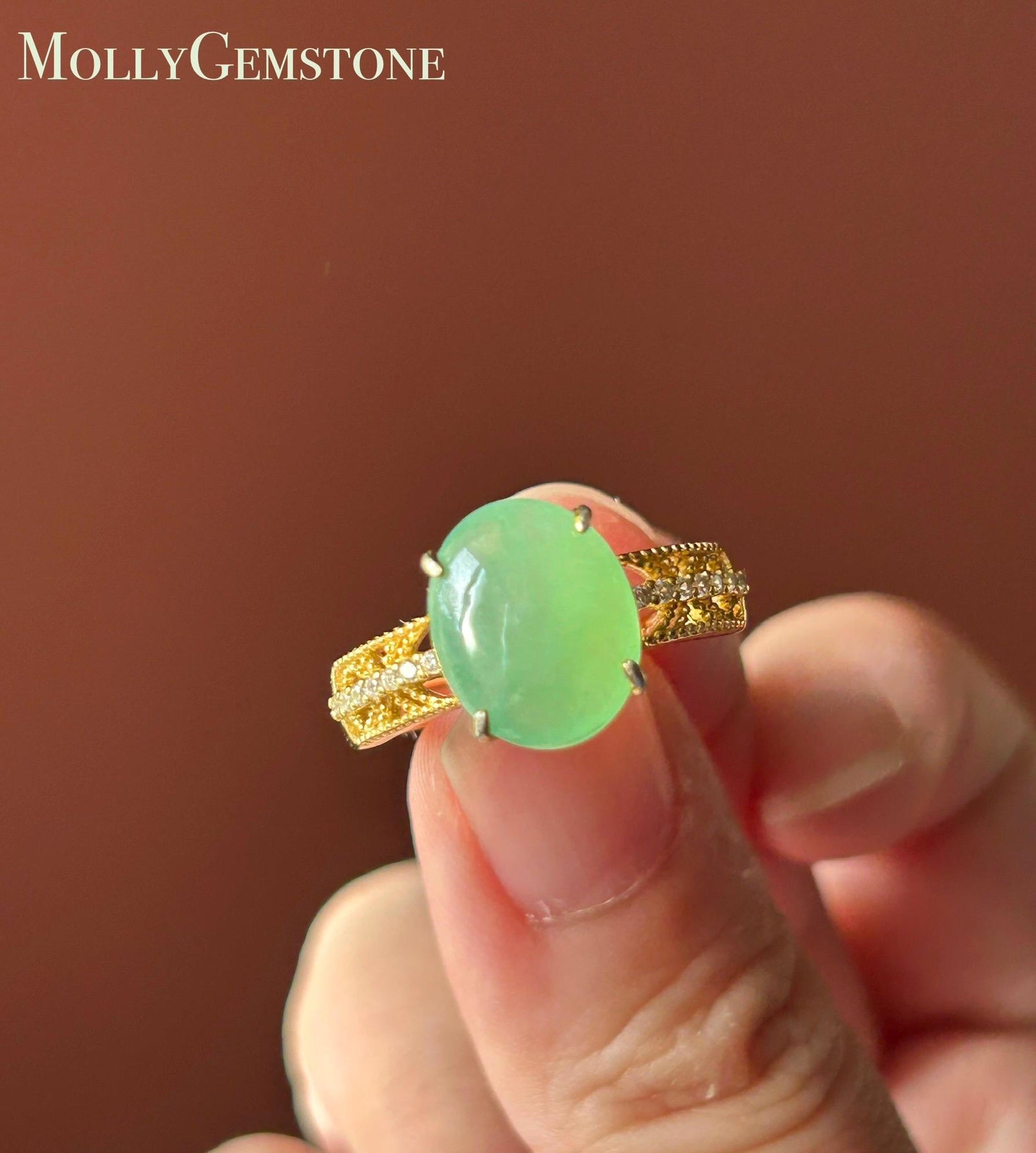 Certified Natural Jadeite Ring Mother’s Day Gift Burmese Type A Large fine glutinous Bright Apple Green Jade 12x10mm| 18k Gold Vermeil