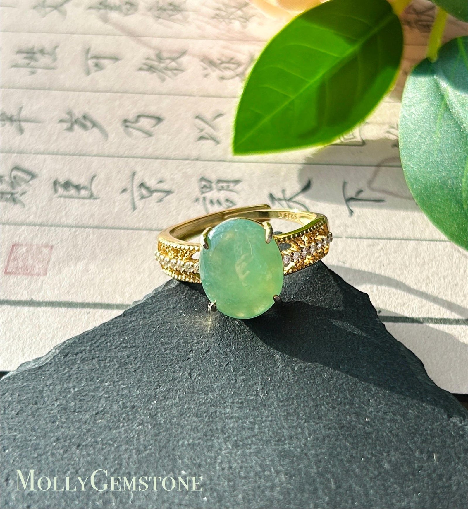 Certified Natural Jadeite Ring Mother’s Day Gift Burmese Type A Large fine glutinous Bright Apple Green Jade 12x10mm| 18k Gold Vermeil