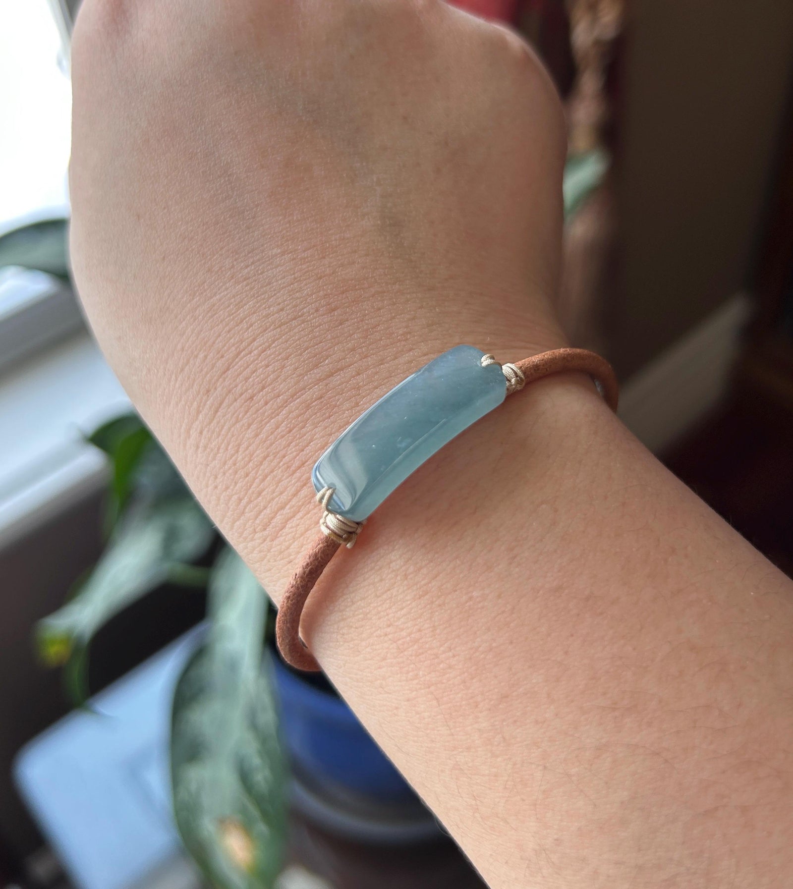 Natural Jadeite Plaque & Leather Bracelet Jewelry Untreated Type A Guatemalan Highly Translucent Icy Blue Jade| Minimalist Jewelry
