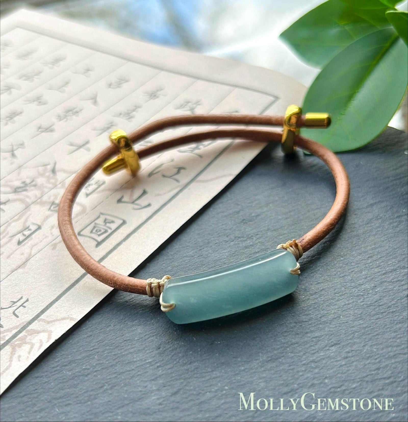 Natural Jadeite Plaque & Leather Bracelet Jewelry Untreated Type A Guatemalan Highly Translucent Icy Blue Jade| Minimalist Jewelry