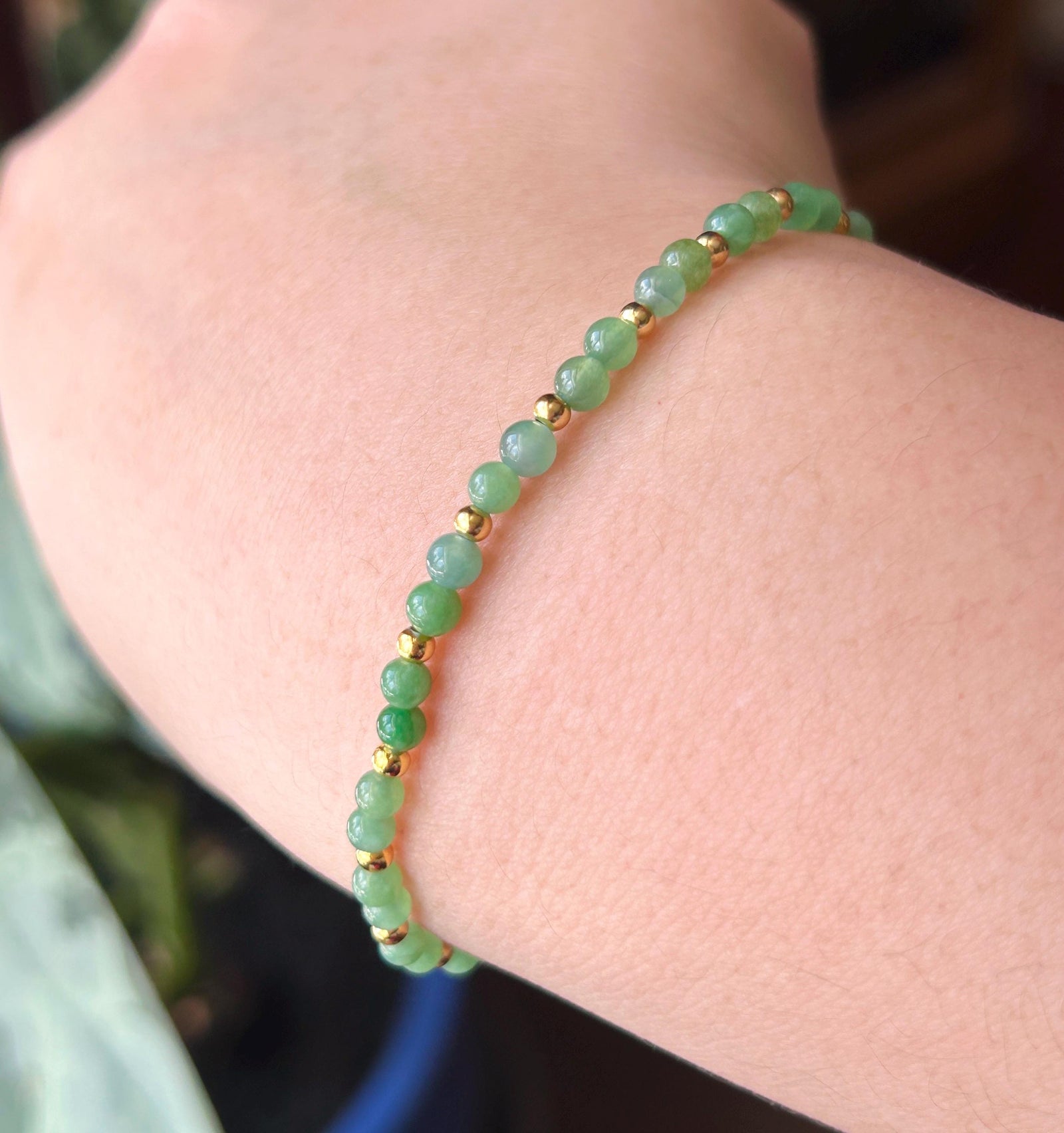 Natural Burmese Type A Jadeite Beaded Bracelet – Icy Translucent Grass Green Jade, 3.5mm| 18k Gold Vermeil