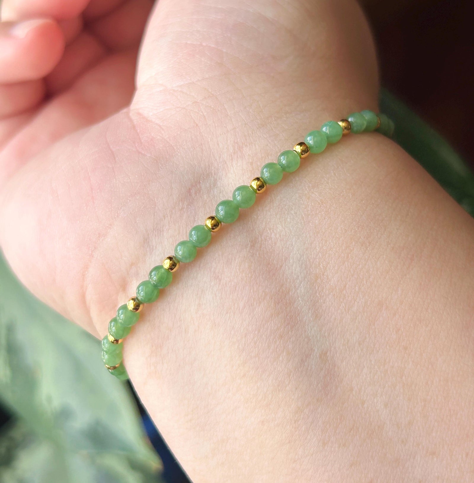 Natural Burmese Type A Jadeite Beaded Bracelet – Icy Translucent Grass Green Jade, 3.5mm| 18k Gold Vermeil