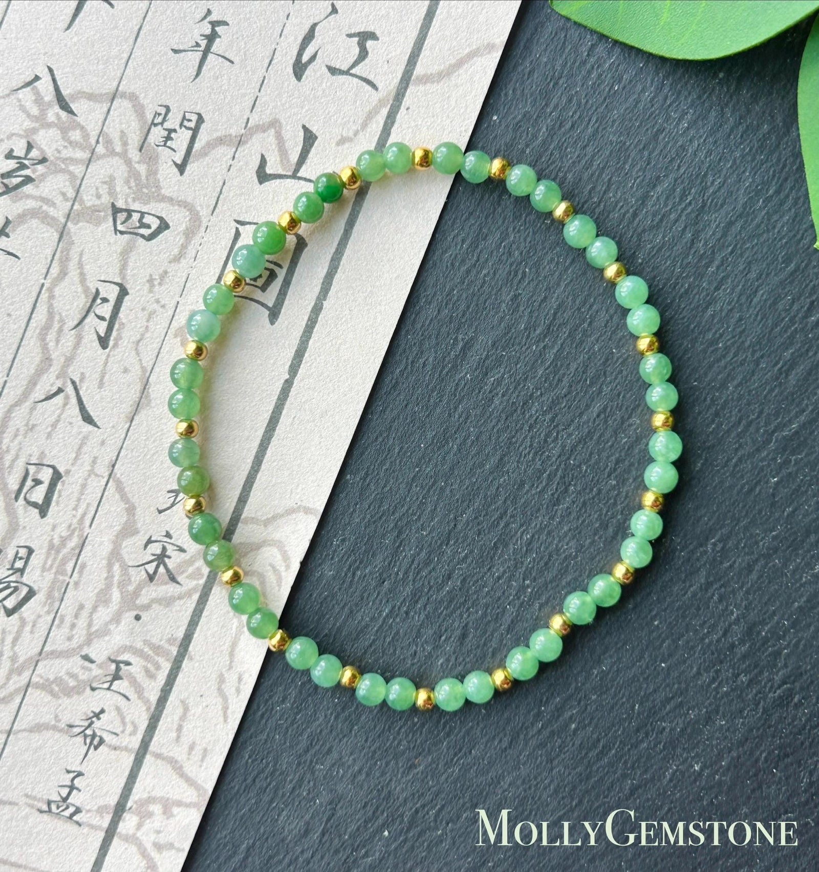 Natural Burmese Type A Jadeite Beaded Bracelet – Icy Translucent Grass Green Jade, 3.5mm| 18k Gold Vermeil