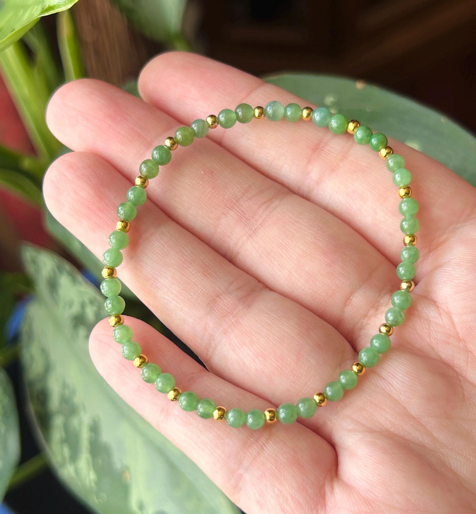 Natural Burmese Type A Jadeite Beaded Bracelet – Icy Translucent Grass Green Jade, 3.5mm| 18k Gold Vermeil