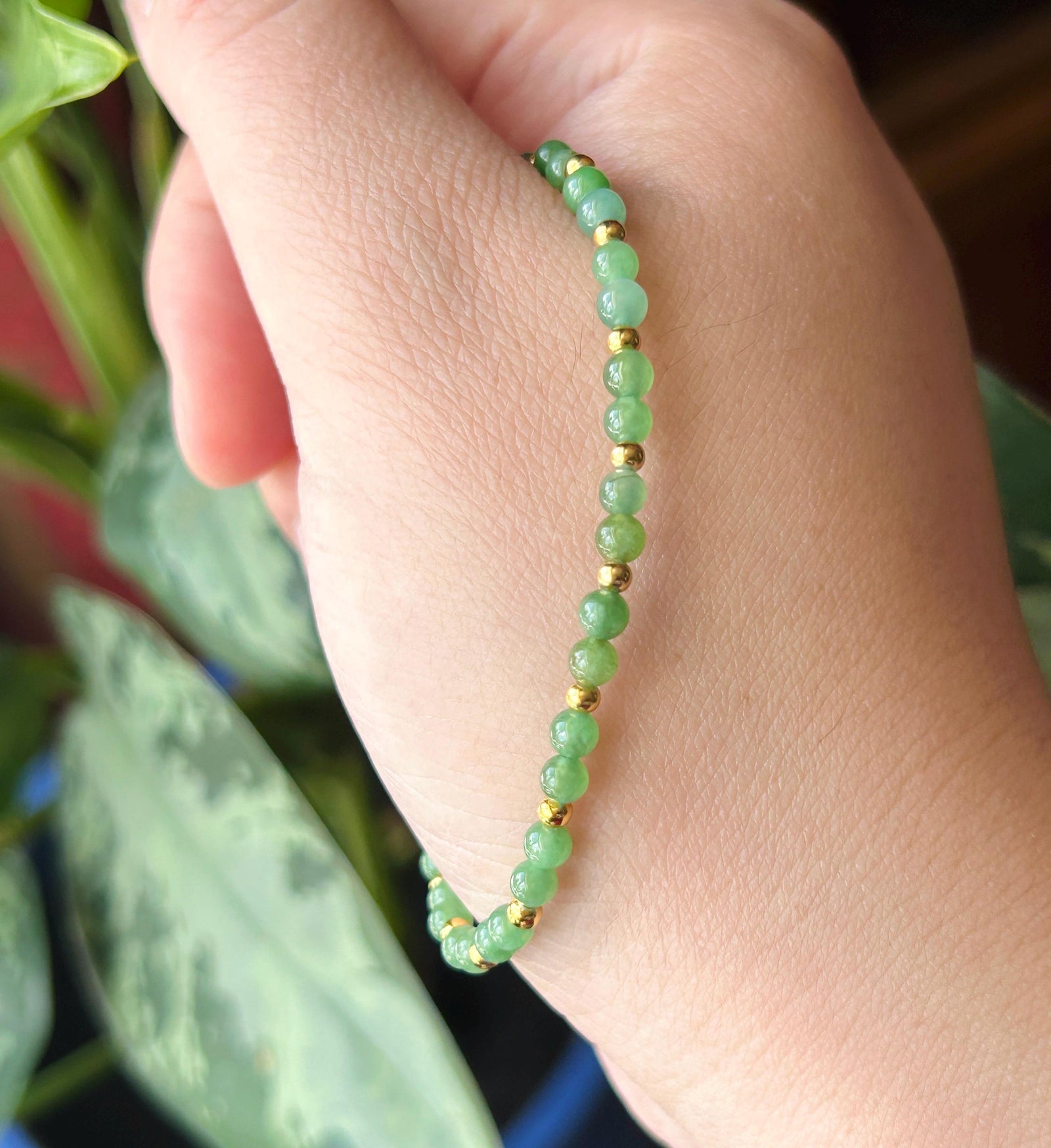 Natural Burmese Type A Jadeite Beaded Bracelet – Icy Translucent Grass Green Jade, 3.5mm| 18k Gold Vermeil
