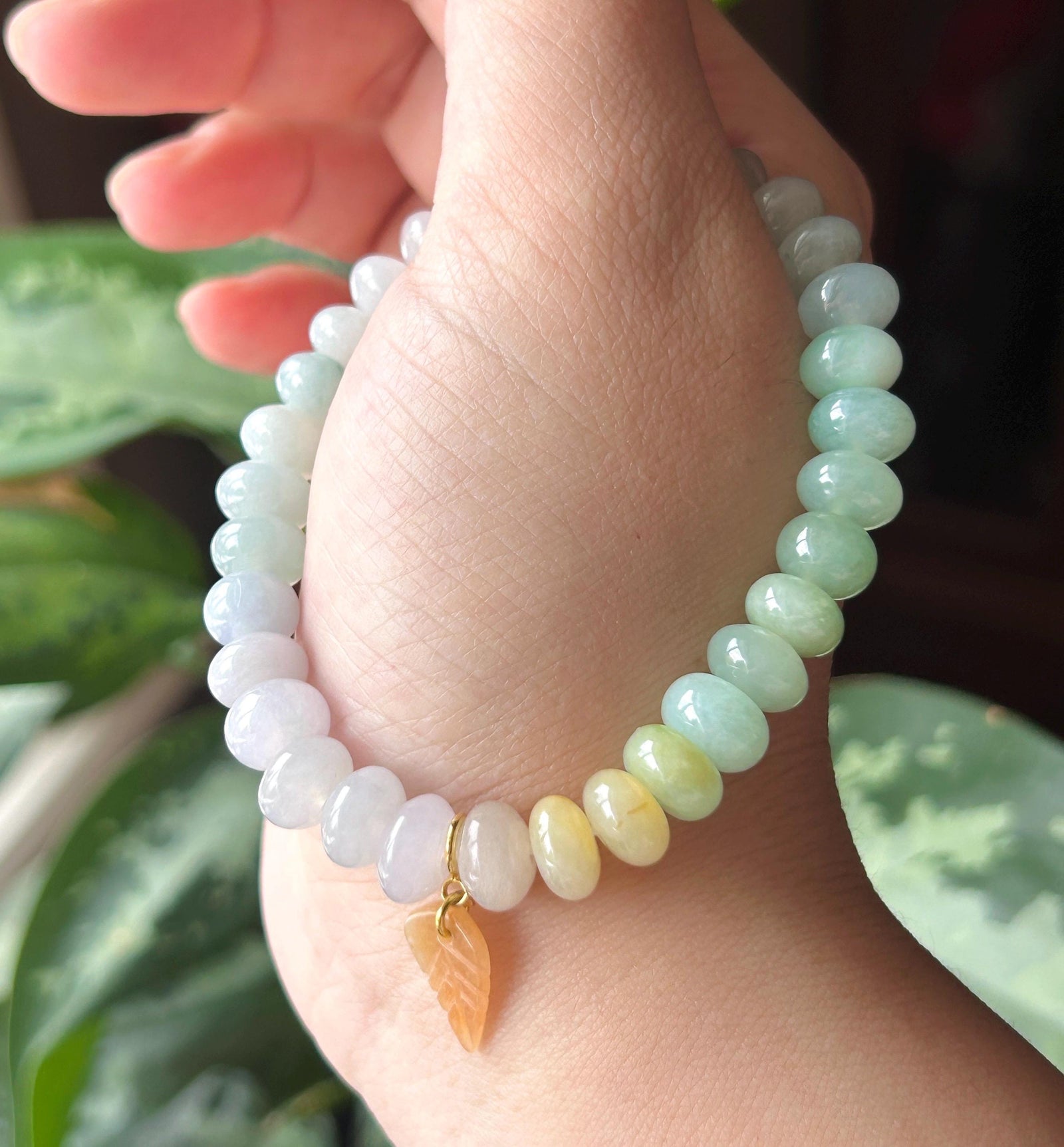 Natural Jadeite Beaded Gradient Bracelet – Burmese Type A Highly Translucent Icy Rainbow Multicolor Jade, 9.2mm