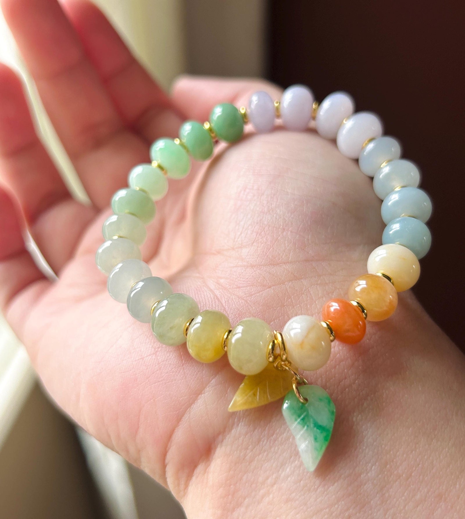 Natural Jadeite Beaded Gradient Bracelet – Burmese Type A Highly Translucent Icy Vibrant Rainbow Multicolor Jade, 9+mm