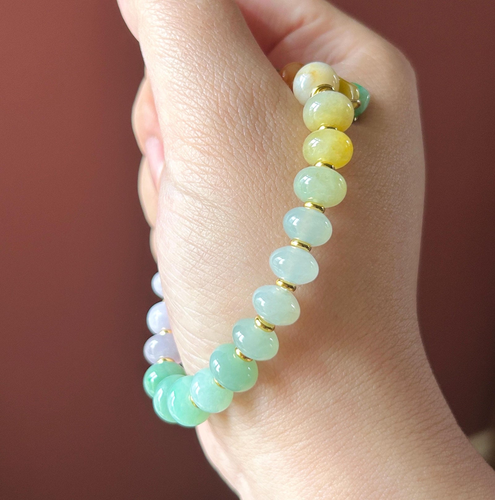 Natural Jadeite Beaded Gradient Bracelet – Burmese Type A Highly Translucent Icy Vibrant Rainbow Multicolor Jade, 9+mm
