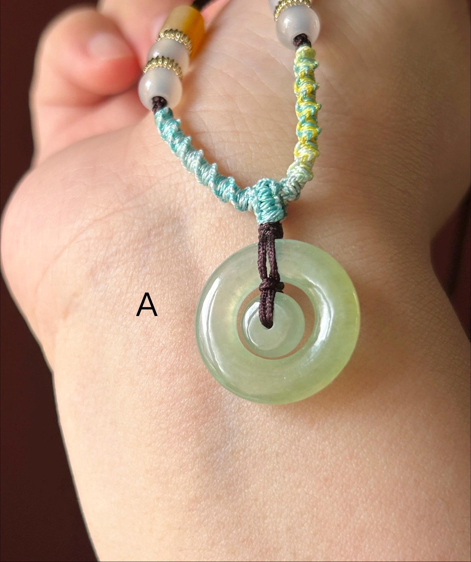 Natural Jadeite Mother & Child Donut Pendant Handwoven Necklace Burmese Type A Icy Blue/Yellow Jade| Mother’s Day Gift
