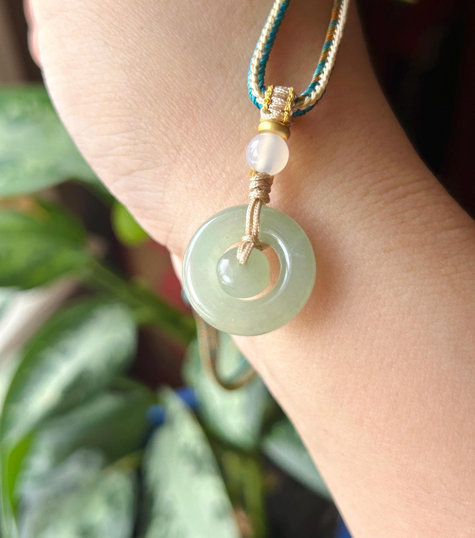 Natural Jadeite Mother & Child Donut Pendant Handwoven Necklace Burmese Type A Icy Blue/Yellow Jade| Mother’s Day Gift