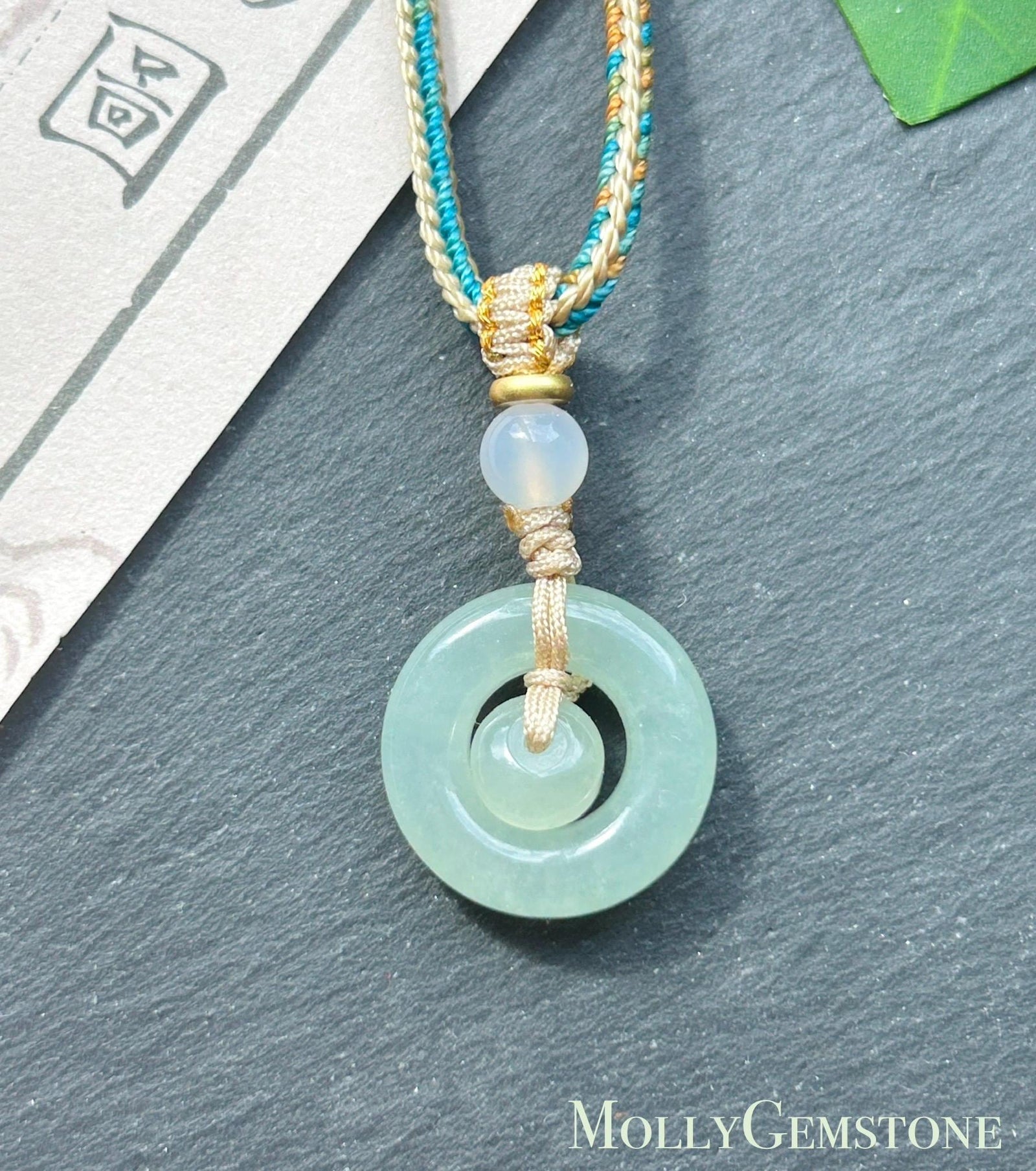 Natural Jadeite Mother & Child Donut Pendant Handwoven Necklace Burmese Type A Icy Blue/Yellow Jade| Mother’s Day Gift