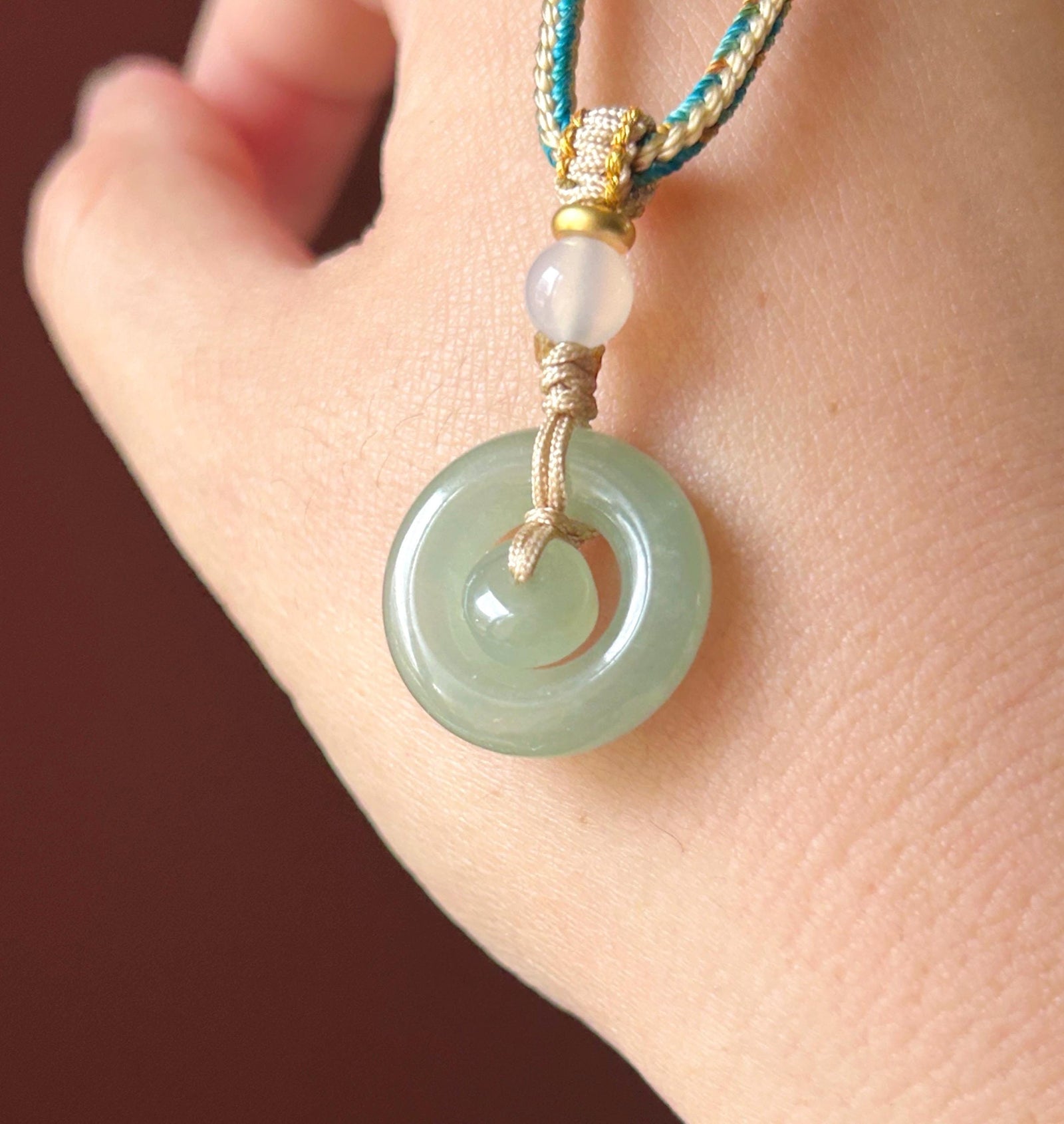 Natural Jadeite Mother & Child Donut Pendant Handwoven Necklace Burmese Type A Icy Blue/Yellow Jade| Mother’s Day Gift