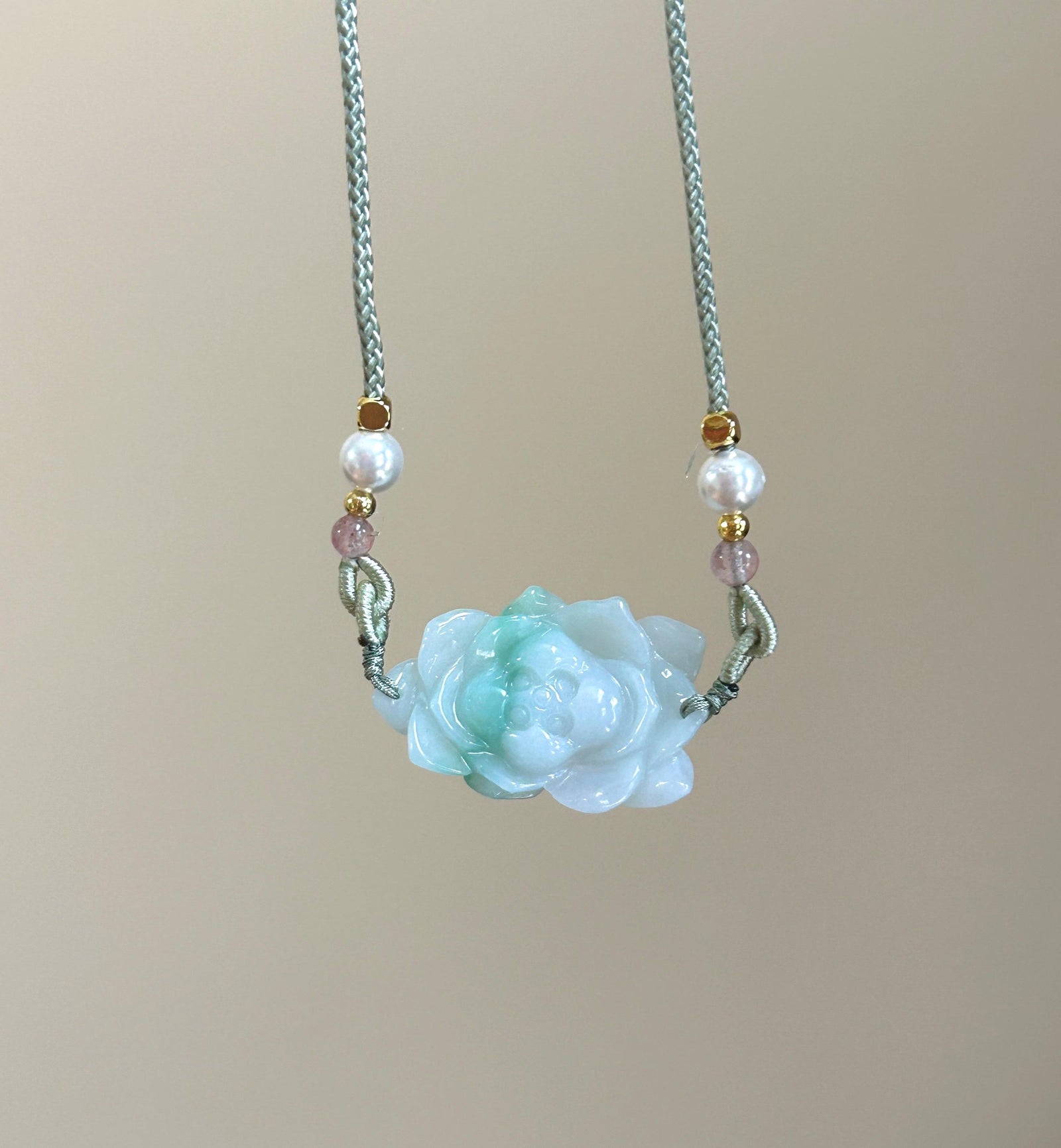 Certified Natural Jadeite Lotus Pendant Minimalist Jewelry Burmese Type A Icy White & Green Floral Jade, Adjustable Cord