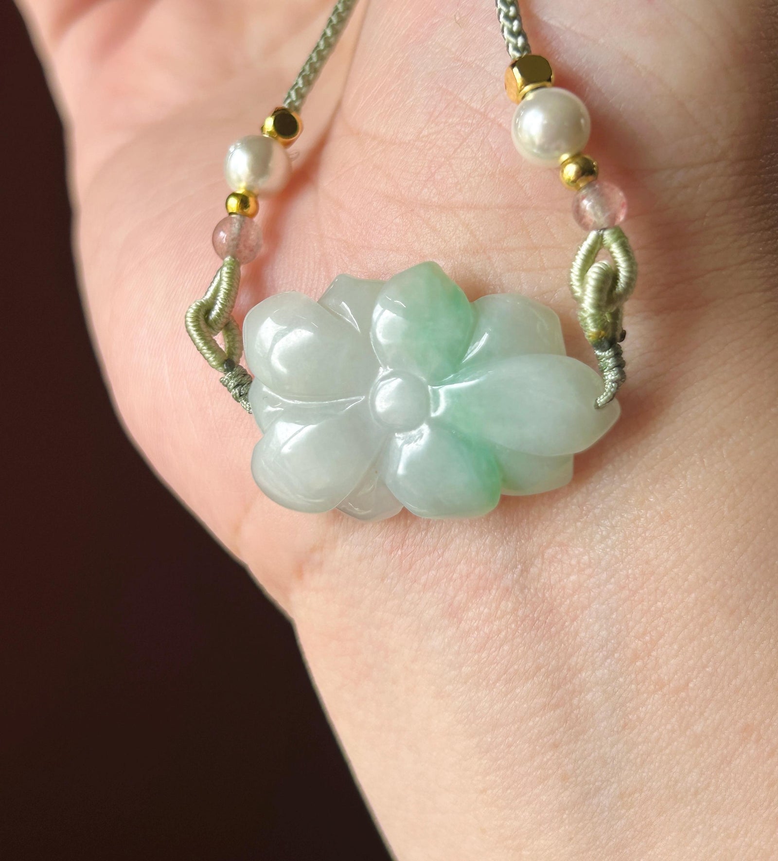 Certified Natural Jadeite Lotus Pendant Minimalist Jewelry Burmese Type A Icy White & Green Floral Jade, Adjustable Cord