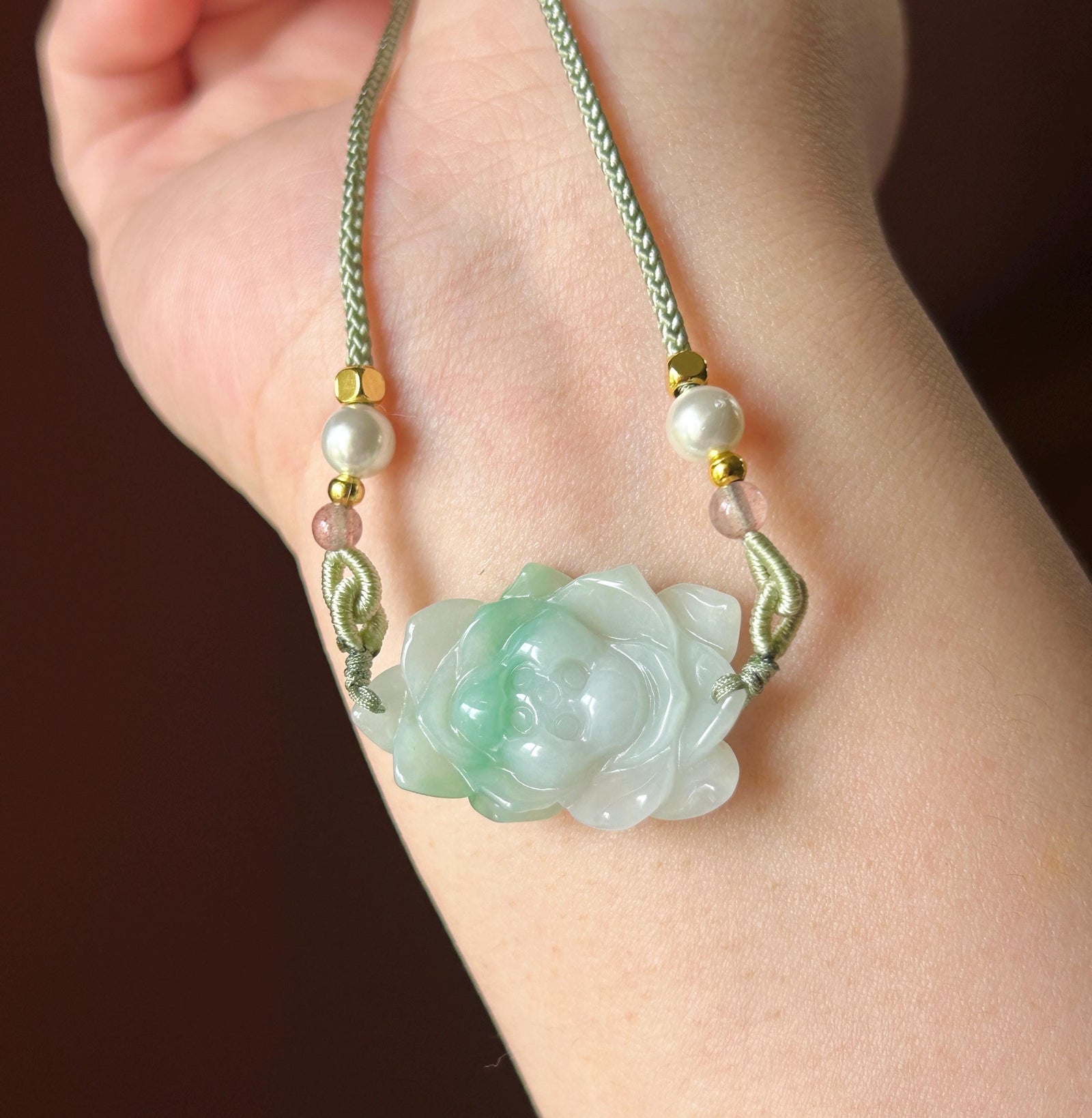Certified Natural Jadeite Lotus Pendant Minimalist Jewelry Burmese Type A Icy White & Green Floral Jade, Adjustable Cord