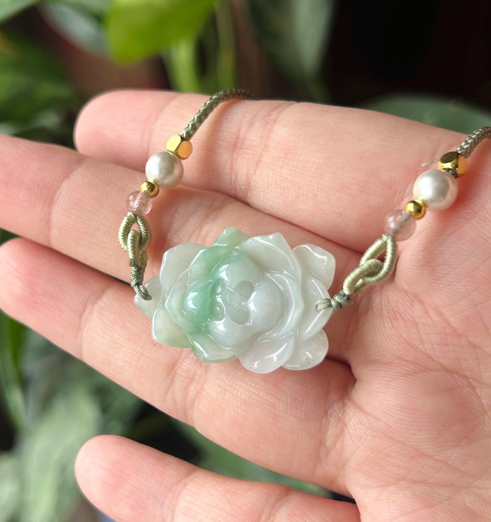 Certified Natural Jadeite Lotus Pendant Minimalist Jewelry Burmese Type A Icy White & Green Floral Jade, Adjustable Cord