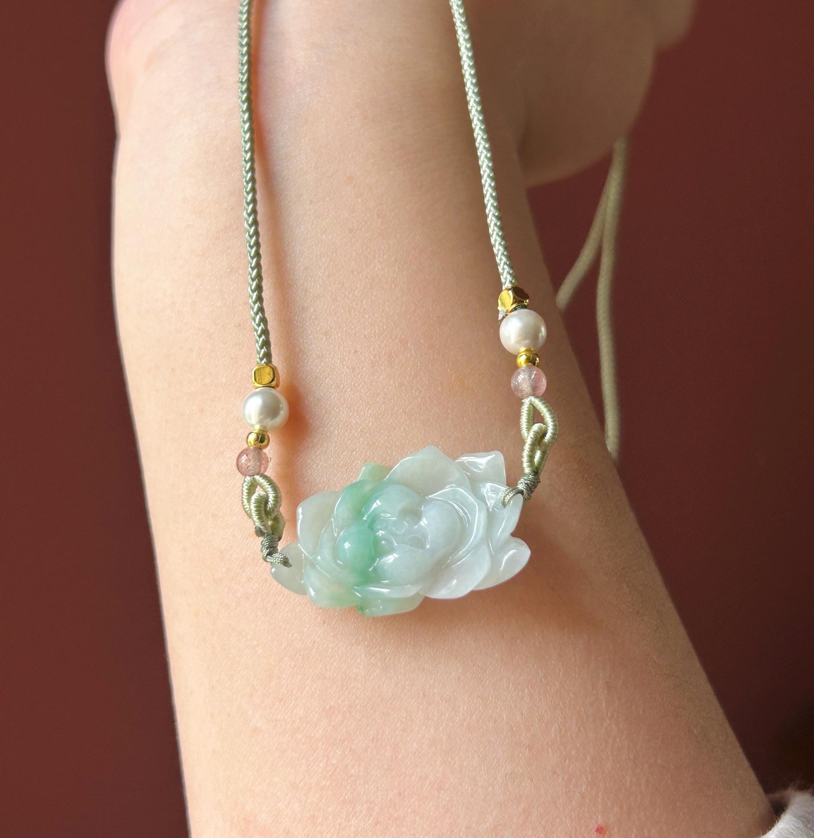 Certified Natural Jadeite Lotus Pendant Minimalist Jewelry Burmese Type A Icy White & Green Floral Jade, Adjustable Cord
