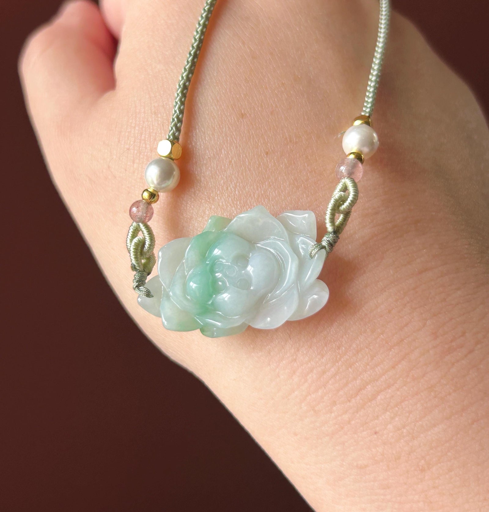 Certified Natural Jadeite Lotus Pendant Minimalist Jewelry Burmese Type A Icy White & Green Floral Jade, Adjustable Cord