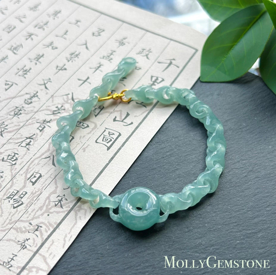 Natural One-Piece Carved Jadeite Bracelet | Single Stone Interlocking Chain | Guatemalan Type A Highly Translucent Icy Blue Jade |