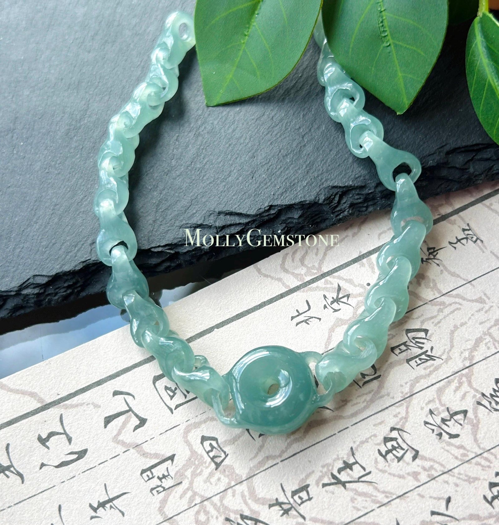 Natural One-Piece Carved Jadeite Bracelet | Single Stone Interlocking Chain | Guatemalan Type A Highly Translucent Icy Blue Jade |