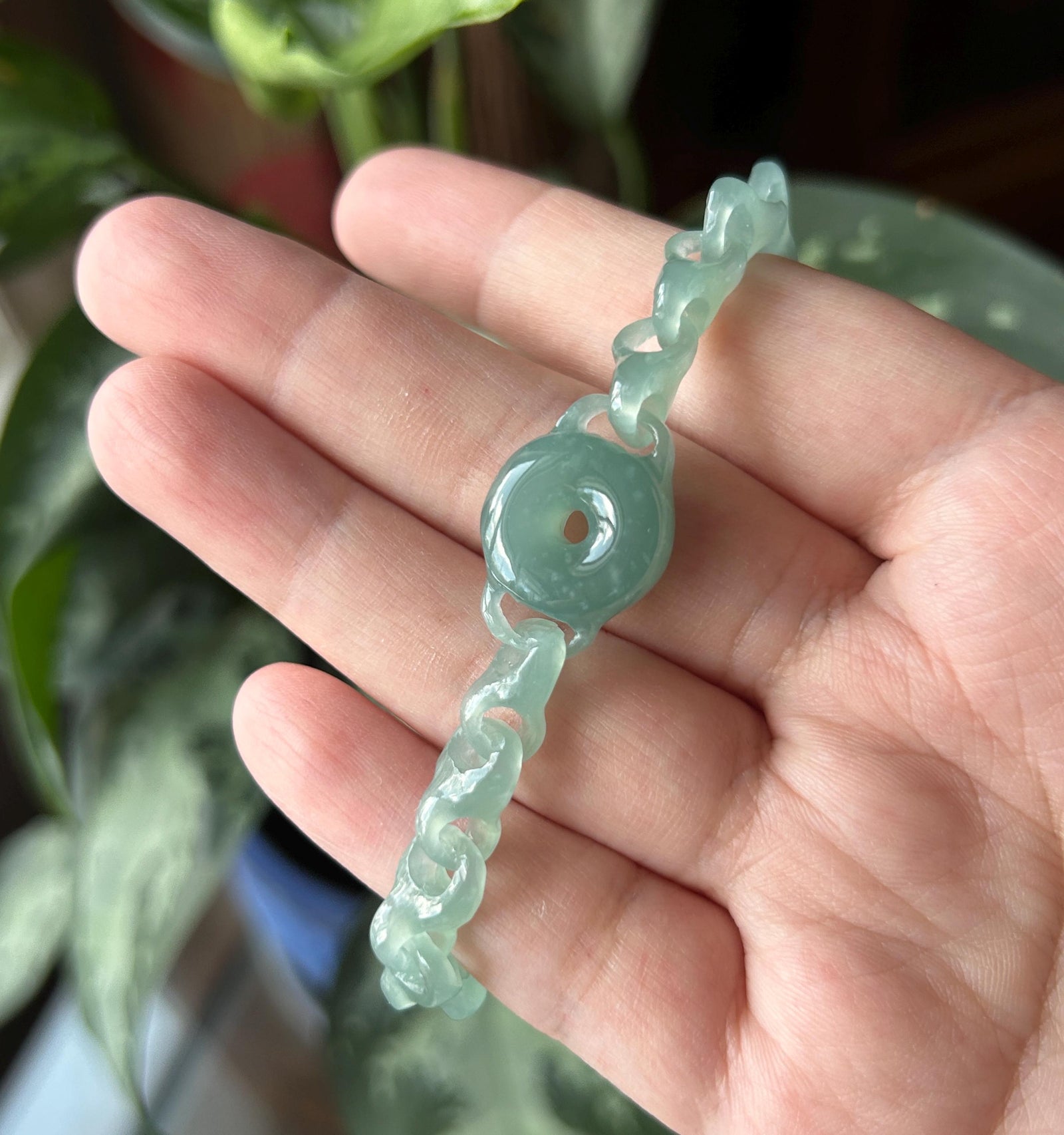 Natural One-Piece Carved Jadeite Bracelet | Single Stone Interlocking Chain | Guatemalan Type A Highly Translucent Icy Blue Jade |