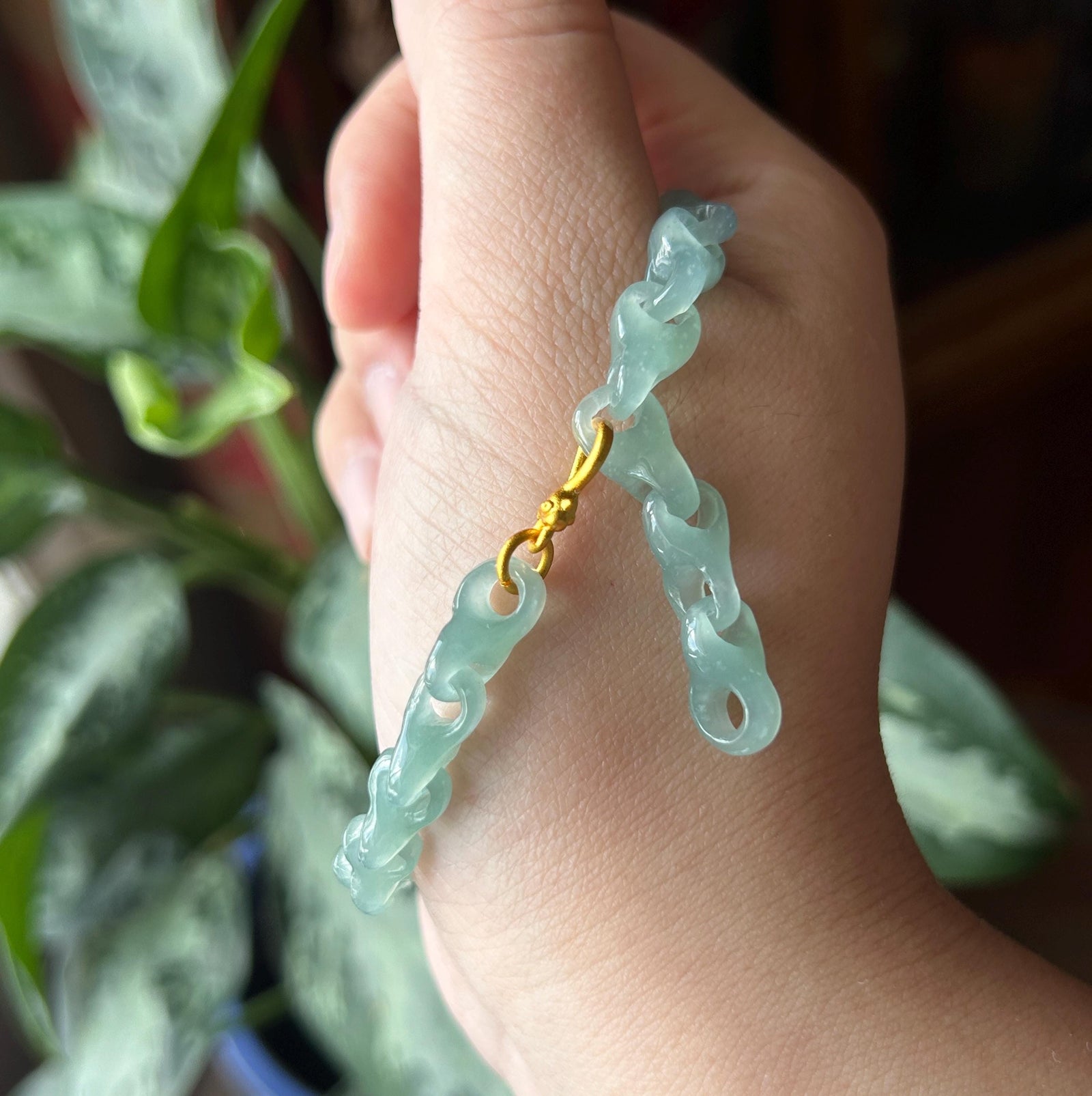Natural One-Piece Carved Jadeite Bracelet | Single Stone Interlocking Chain | Guatemalan Type A Highly Translucent Icy Blue Jade |