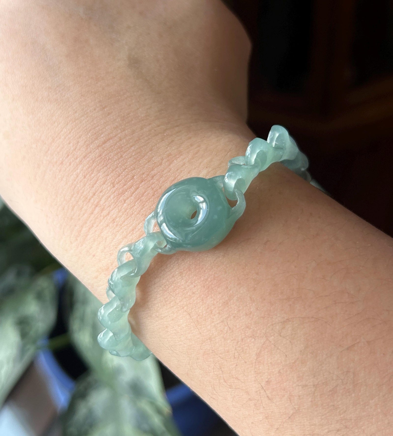 Natural One-Piece Carved Jadeite Bracelet | Single Stone Interlocking Chain | Guatemalan Type A Highly Translucent Icy Blue Jade |