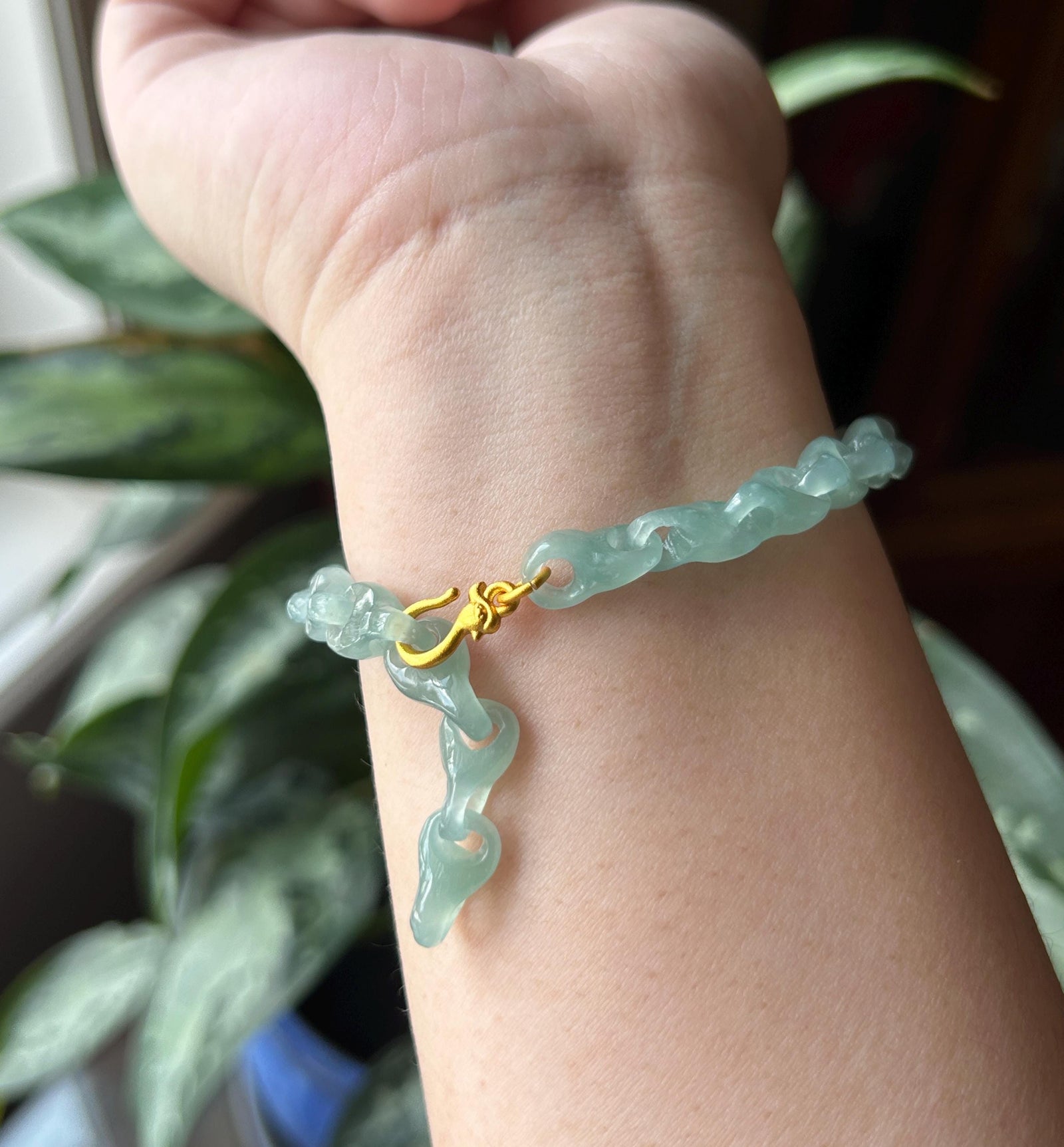 Natural One-Piece Carved Jadeite Bracelet | Single Stone Interlocking Chain | Guatemalan Type A Highly Translucent Icy Blue Jade |