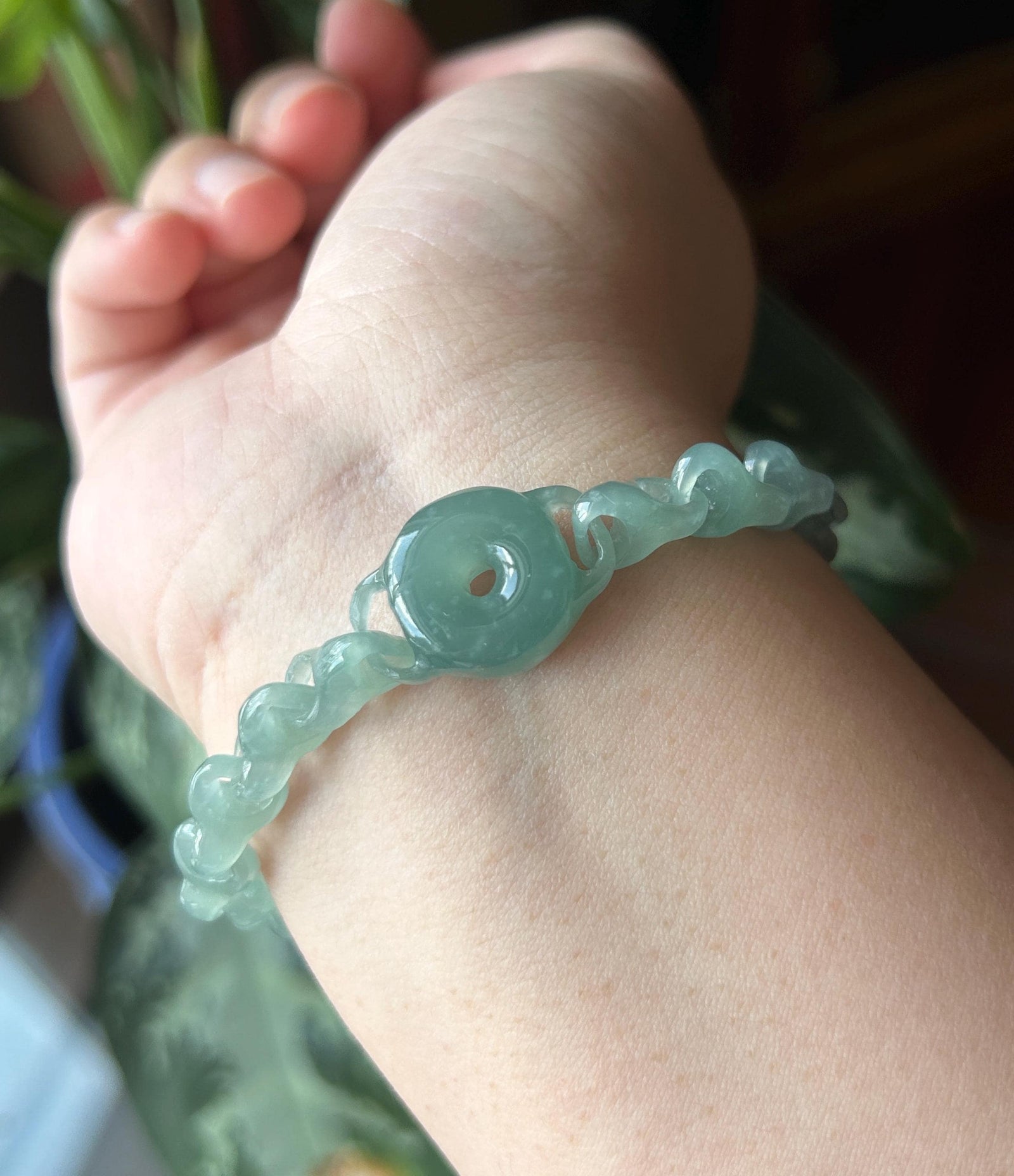 Natural One-Piece Carved Jadeite Bracelet | Single Stone Interlocking Chain | Guatemalan Type A Highly Translucent Icy Blue Jade |
